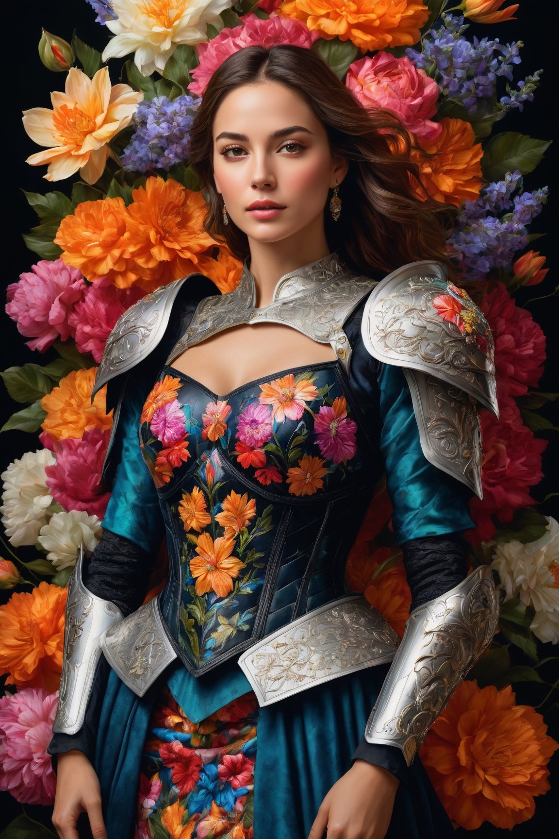 (best quality, realistic, high-resolution), colorful portrait of a woman with flawless anatomy. She is wearing a stunning flower dress that compliments her vibrant personality. Her skin is extremely detailed and realistic, with a natural and lifelike texture. The background is dark, which creates a striking contrast to the colorful flowers adorning her armor. The flowers on her armor represent her strength and beauty. The lighting accentuates the contours of her face, adding depth and dimension to the portrait. The overall composition is masterfully done, showcasing the intricate details and achieving a high level of realism, Realistic