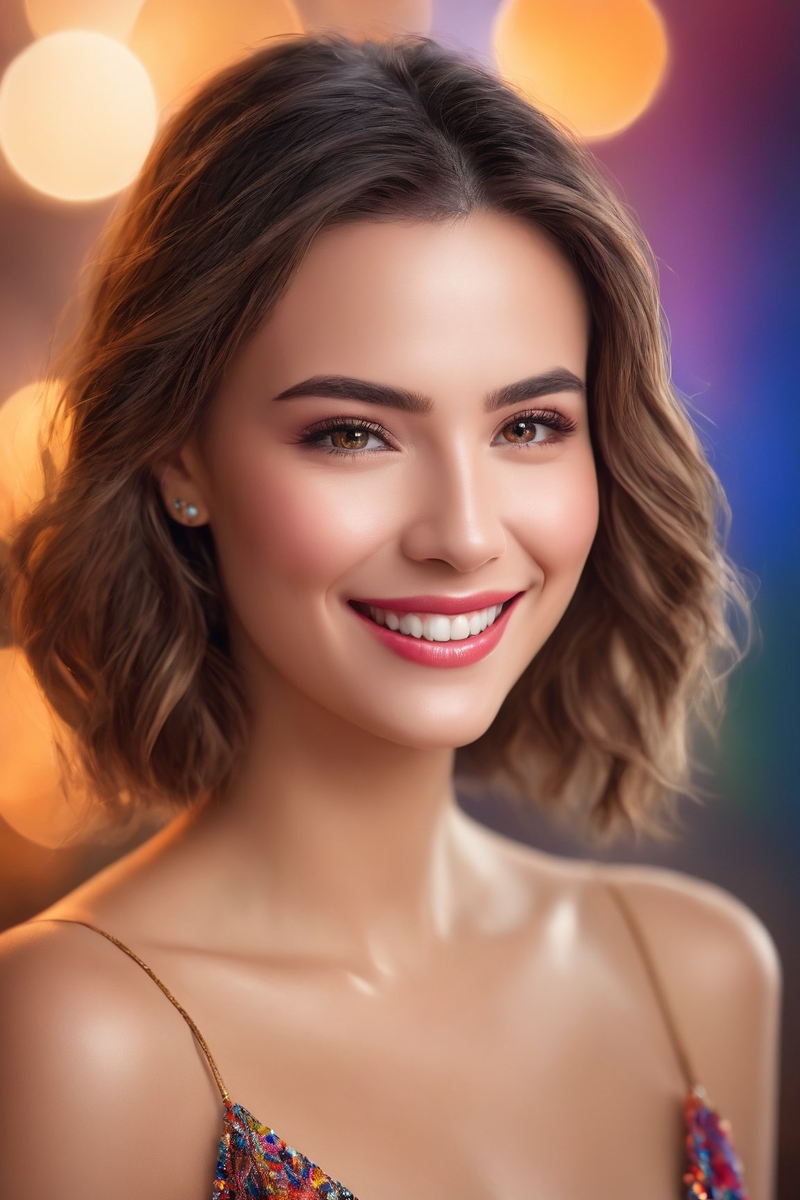 (best quality,4k,8k,highres,masterpiece:1.2),ultra-detailed,realistic beauty,woman with a captivating smile,fancy portrait, vibrant colors,soft lighting,fine art,bokeh