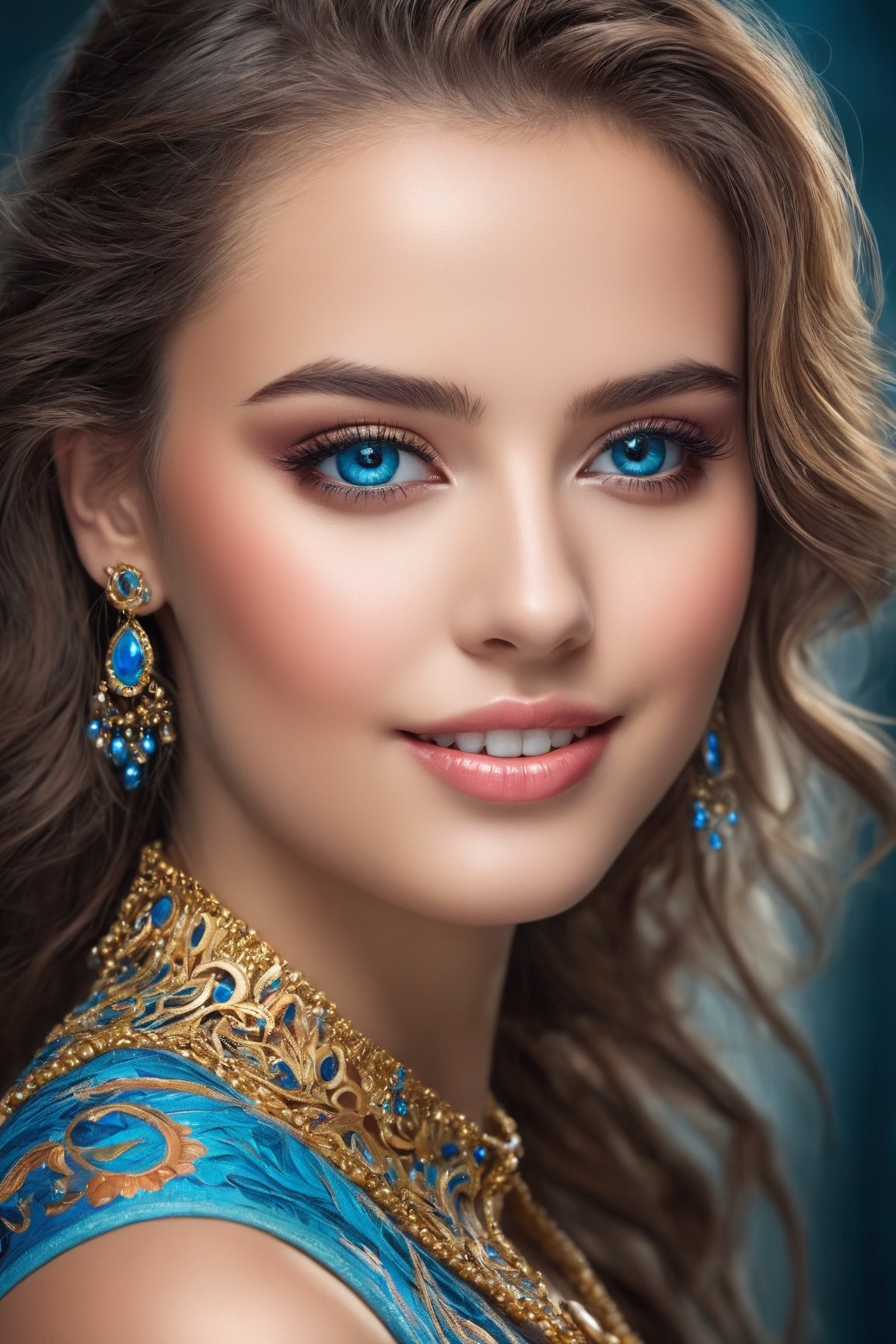 (best quality,highres:1.2),beautiful detailed eyes,beautiful detailed lips,extremely detailed eyes and face,longeyelashes,feminine facial features,cute and charming smile,fashionable hairstyle and makeup,lovely and elegant posture,gorgeous dress with intricate patterns,artistic background with vibrant colors,soft studio lighting,bluish color tone,ultra-detailed and realistic,photorealistic portrait of a beautiful woman with a cute smile and a captivating gaze,perfectly capturing her grace and charm,fancy cyborg robot elements seamlessly integrated into the portrait,enhancing the futuristic and technological vibe,showcasing the harmonious blend of human and machine,creating a unique and visually stunning artwork.