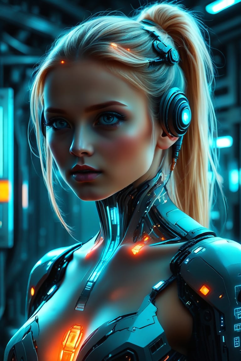 A futuristic, cinematic close-up of a female android with a transparent, illuminated body, showcasing intricate mechanical and glowing circuitry. The android has a serious expression, and her blonde hair is styled loosely. The scene is set in a dark, industrial environment with cool blue and orange lighting, emphasizing the glowing inner components and the high-tech, cybernetic design.