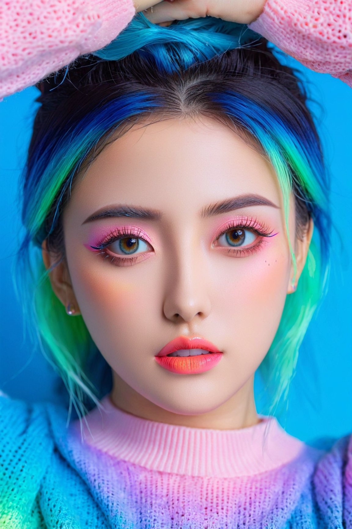 realistic,detailed,anime-style,1girl,beautiful detailed eyes,beautiful detailed lips,extremely detailed eyes and face,long eyelashes,Sweater,order,Blue gradient background,Neon hair,Textured crop,Canadian,(masterpiece:1.2),(best quality),(niji style),vivid colors