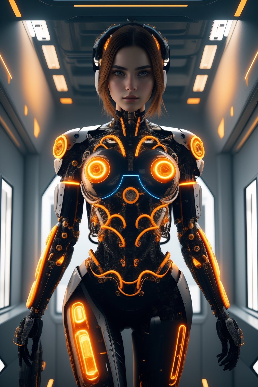 (best quality,8K,highres,masterpiece), hyper-detailed, (photo-realistic, lifelike) medium shot of a semi-cyborg female with biomechanical arms. The cinematic lighting accentuates the intricate details of her cybernetic limbs, creating a visually stunning image that blurs the line between human and machine. This high-resolution masterpiece captures the essence of technological fusion and human beauty.