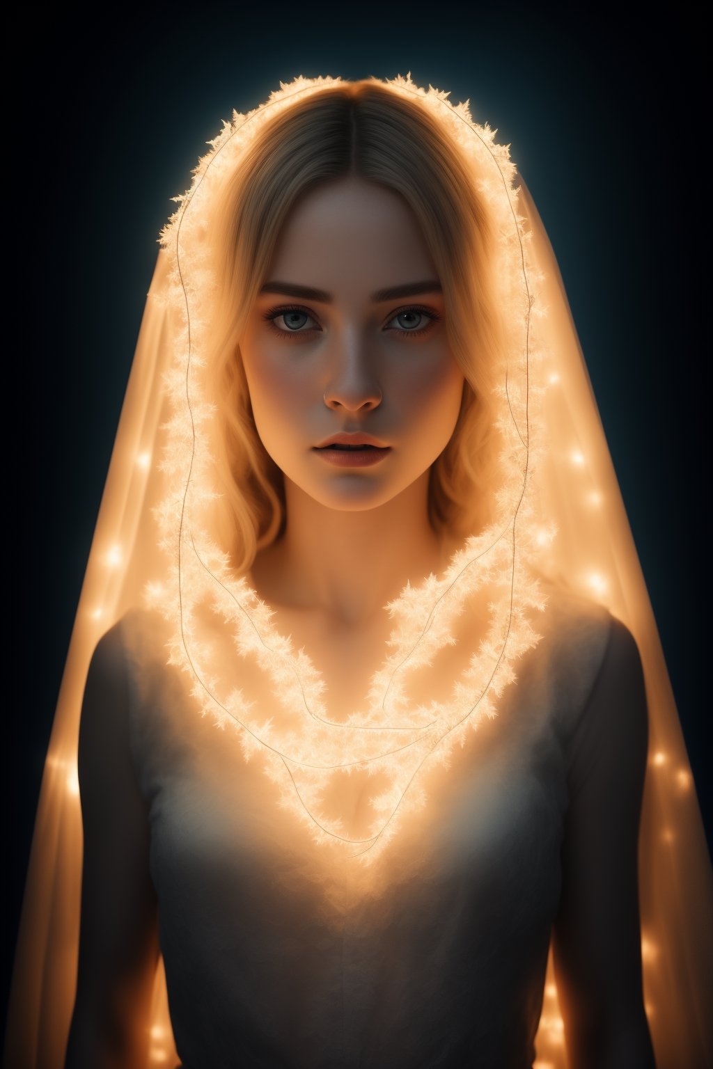 (best quality,8K,highres,masterpiece), ultra-detailed, (photo-realistic, lifelike) portrayal of a semi-ghost female with ethereal beauty. Her arms are a mesmerizing spectacle, composed of intricate bioluminescent patterns that radiate a soft, (otherworldly, celestial) glow. The cinematic rendering captures every nuance of her spectral presence, making this image a true high-resolution masterpiece that blends the lines between the living and the supernatural.