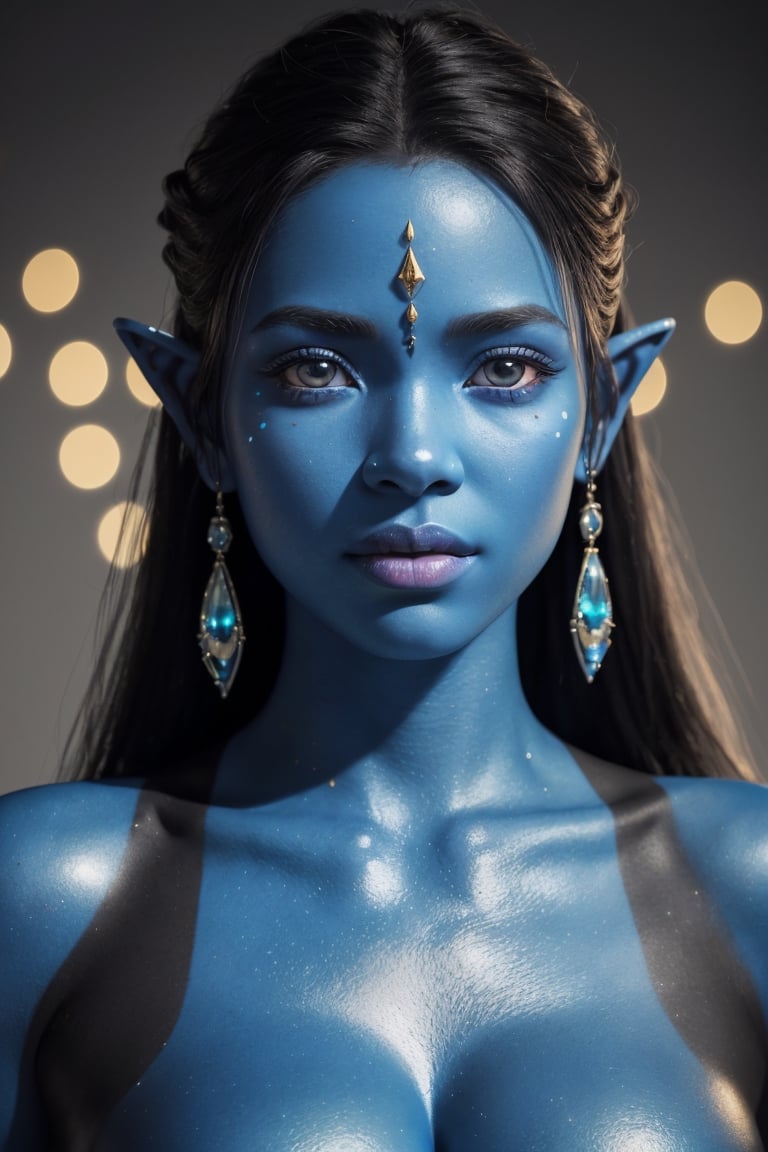 (best quality, 4k, 8k, highres, masterpiece:1.2), ultra-detailed, (realistic, photorealistic, photo-realistic:1.37), blue humanoid avatar with bioluminescent avatar markings dots and patterns on their skin. Pointed elf ears. avatar like hair, hair colour black, sparkling glowing blue eyes, slightly shimmery iridescent blue skin. female, warrior like, magical and mystical, detailed and realistic. Only blue skin tone. Only blue coloured skin. Skin colour all blue.