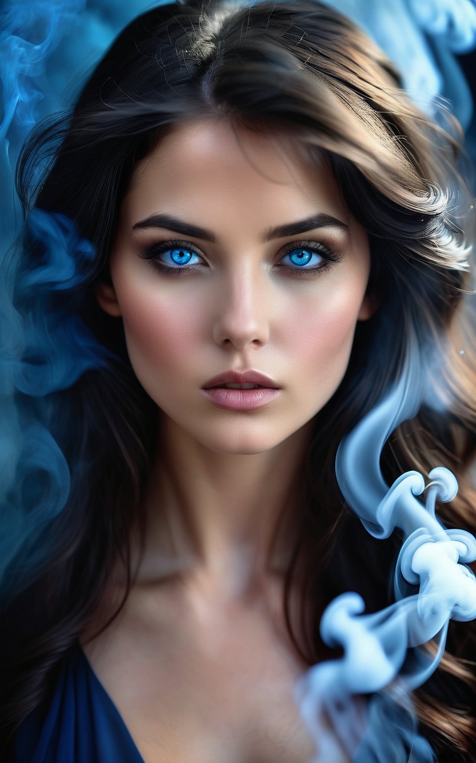 (high quality, ultra-realistic, photorealistic), beautiful young woman, close-up portrait, dark hair, intense gaze, blue eyes, surrounded by blue smoke, ethereal atmosphere, mysterious ambiance, dark background, soft lighting, high contrast, cinematic composition, smooth skin, sharp details, elegant and captivating, surreal effect, high resolution, fantasy style, enchanting visuals, dreamlike quality, mesmerizing aesthetics.