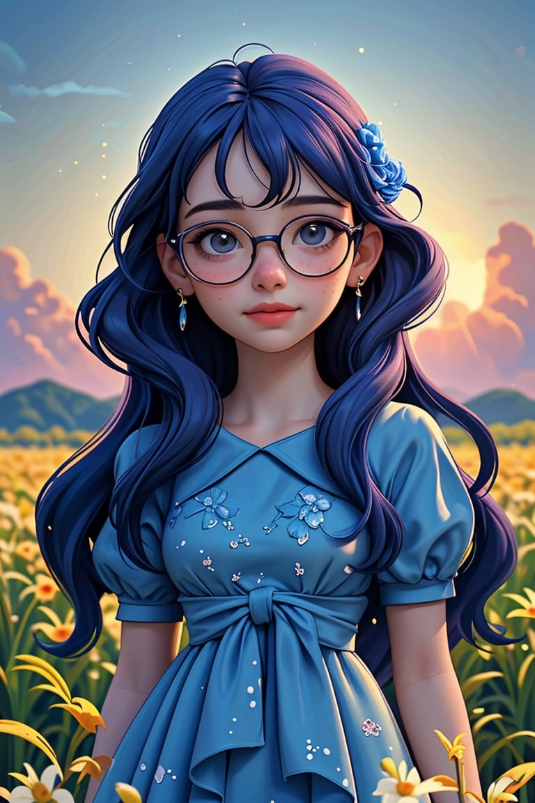 (best quality,portrait,masterpiece:1.2),girl in a blue dress with a hair flower, standing in a vast flower field. The girl is wearing glasses and has beautiful freckles on her face. Above her, the sky is filled with vibrant blue hues, as the sun sets in the distance, casting a warm orange glow. The girl wears delicate earrings that shimmer in the cinematic light.