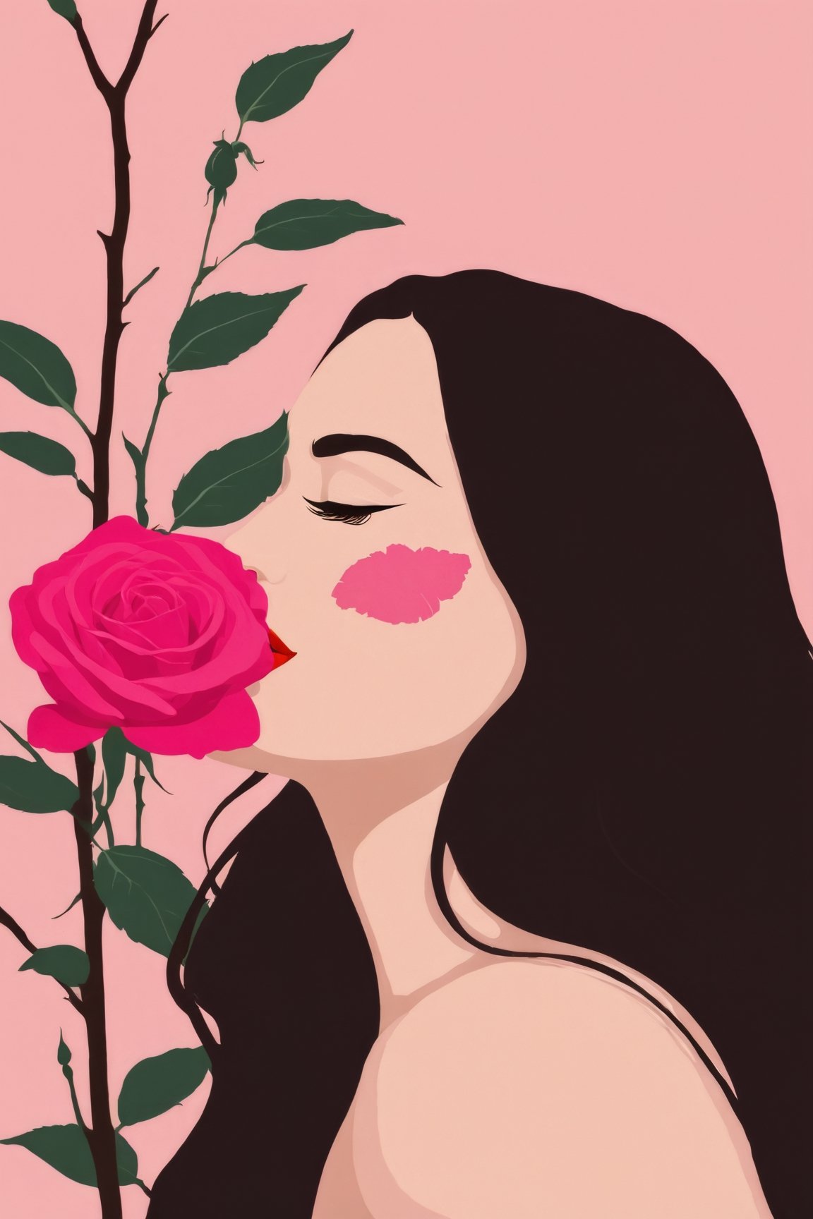 AiArtV, Flat Illustration, Vector Illustration, 1girl,solo,long hair,black hair,flower,parted lips,tree,lips,profile,rose,leaf,half-closed eyes,red flower,portrait,pink flower,pink rose