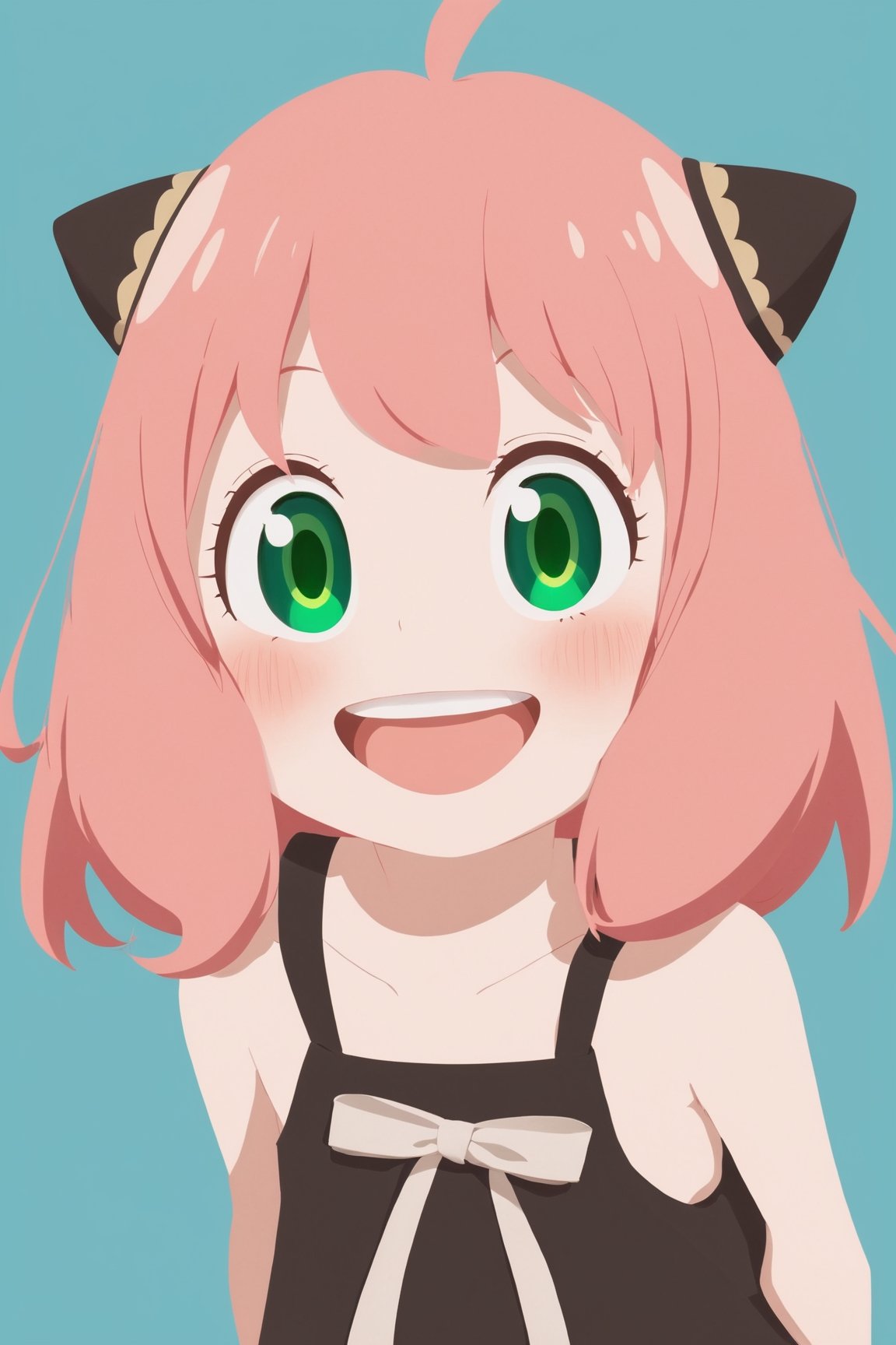 anya forger, 1girl, solo, looking at viewer, blush, smile, open mouth, bangs, simple background, dress, ribbon, green eyes, collarbone, upper body, pink hair, ahoge, :d, teeth, medium hair, black dress, upper teeth only, blue background, child, female child, anya (spy x family)