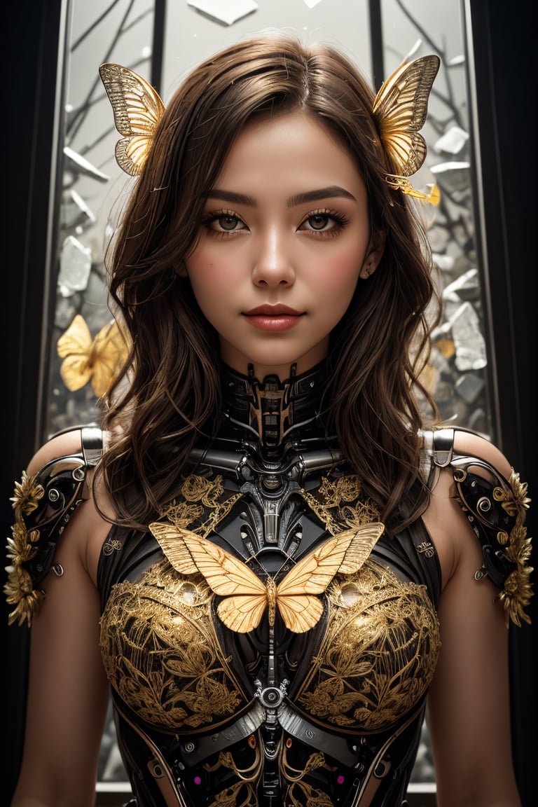 A (highly detailed, elegant) portrait that seamlessly combines elements of digital photography and surreal painting. The subject is a beautiful cyborg with (intricate, majestic) features and brown hair. cute smile, Her cybernetic enhancements are adorned with a (golden butterfly filigree) that adds an element of mystique. The scene is set against a backdrop of (broken glass), creating a unique and captivating blend of beauty and surrealism.