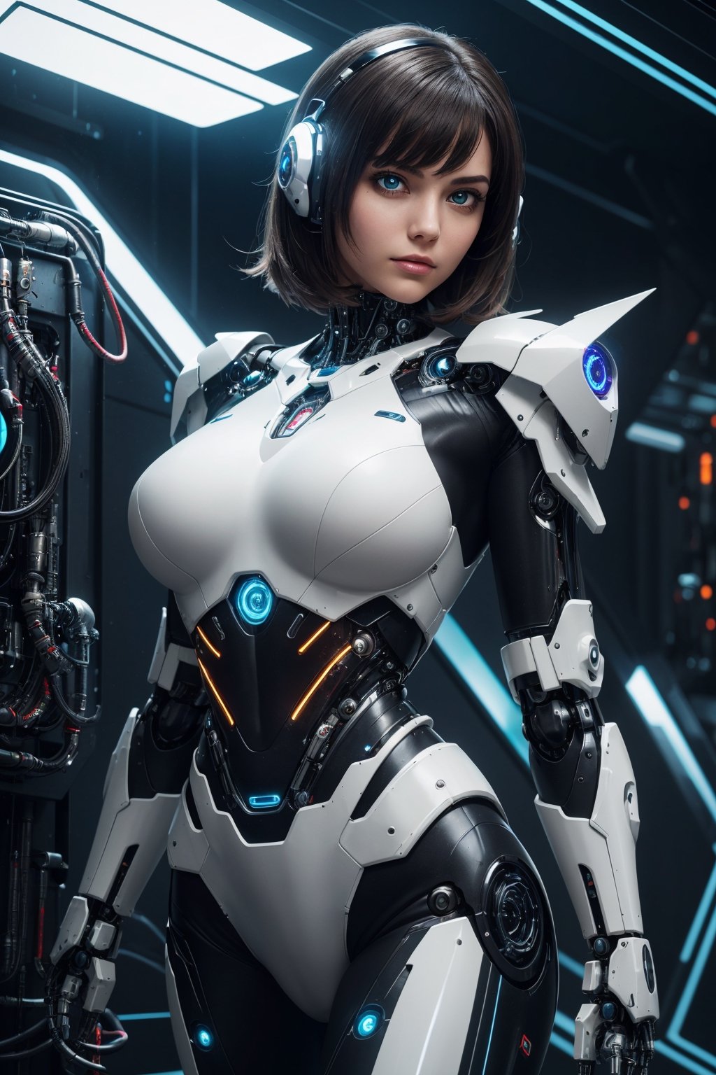 Best quality,masterpiece,ultra high res,(photorealistic:1.4),masterpiece,(bestquality),hyper-detailed,ultra-detailed,(1 girl:1.2),white bodysuit,(soft smile),mecha girl,(cybernetic),(mecha suit),(futuristic),(combat attire),(mix of organic and inorganic),(exposed circuitry),(glowing eyes),(hovering,(massive scale),(mono-eyed),(weaponized),(gleaming metal),(futuristic background),(mechanical beauty),(technology wonder),upper body