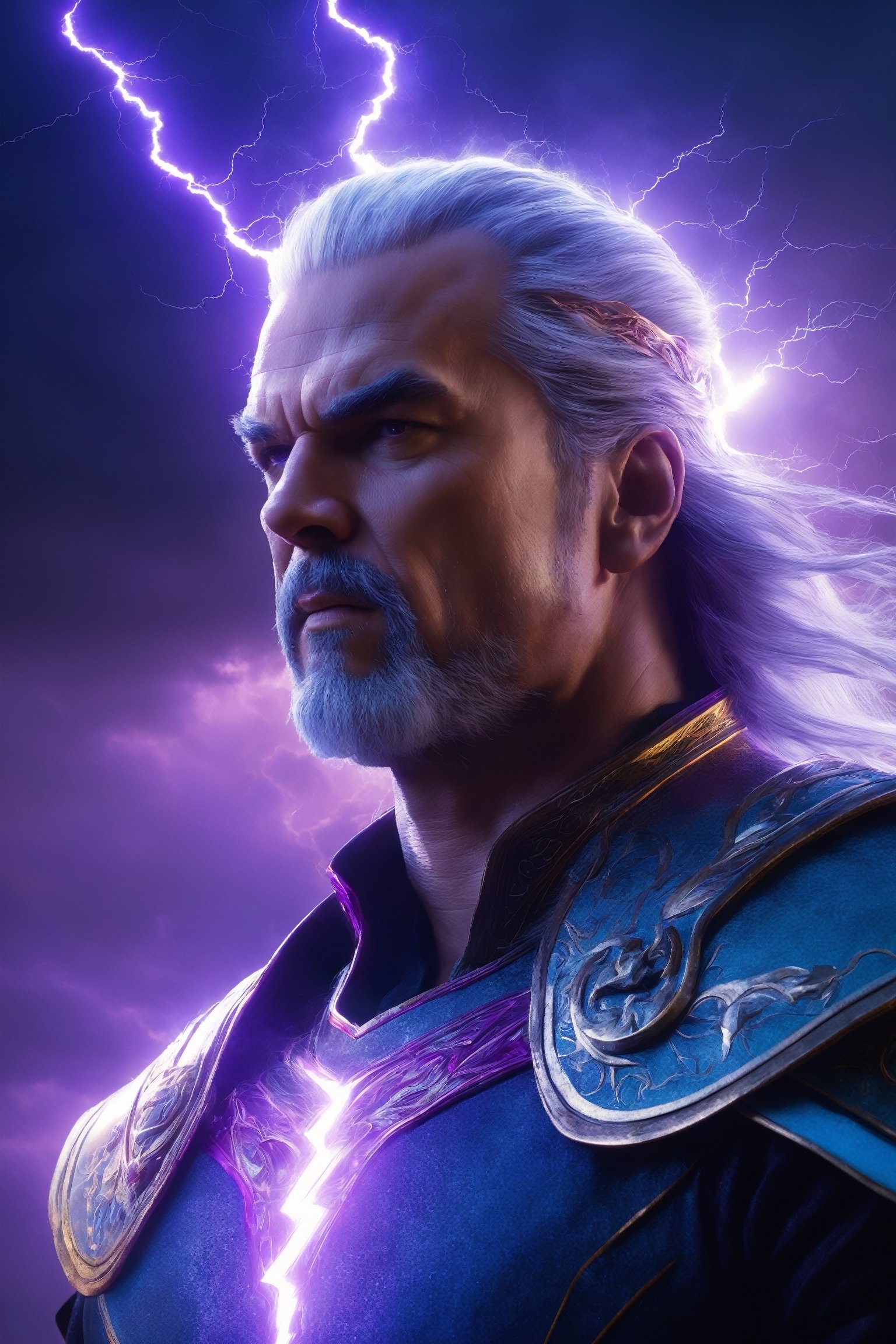 (best quality, UHD, ultra-detailed, masterpiece), (ultra-realistic, photorealistic), A breathtaking UHD portrait depicting the imposing Thunder God, his electrifying lightning strikes illuminating the sky in vibrant violet and cyan hues. Rendered with the precision of the Luminous Studio graphics engine and the brilliance of Octane render, the scene is enveloped in a cloudy haze, with fiery embers dancing around his thunderous crown.