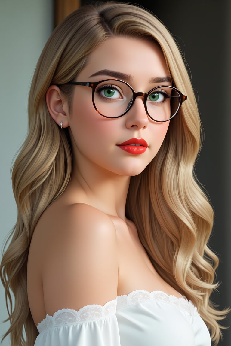 A highly detailed, photorealistic portrait of a young woman with wavy blonde hair, wearing round tortoiseshell glasses. She has soft, natural makeup with bold red lipstick. The lighting is soft and natural, highlighting her clear green eyes and delicate features. She is dressed in a white, slightly off-shoulder top with lace details. The background is minimal and slightly blurred, drawing full attention to her face, creating an intimate, serene atmosphere.