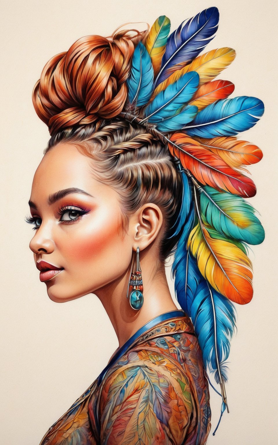 (best quality,8K,highres,masterpiece), ultra-detailed, (girl with an unusual hairstyle made of braids and feathers), a girl with an extraordinary hairstyle composed of intricate braids interwoven with feathers. Her hair is styled with meticulous detail, showcasing the complexity and creativity of the braids and the delicate texture of the feathers. The overall composition highlights her unique and striking appearance, with a focus on the detailed craftsmanship of her hairstyle. The vibrant colors of the feathers add an element of whimsy and elegance, enhancing the overall visual impact of the image.
