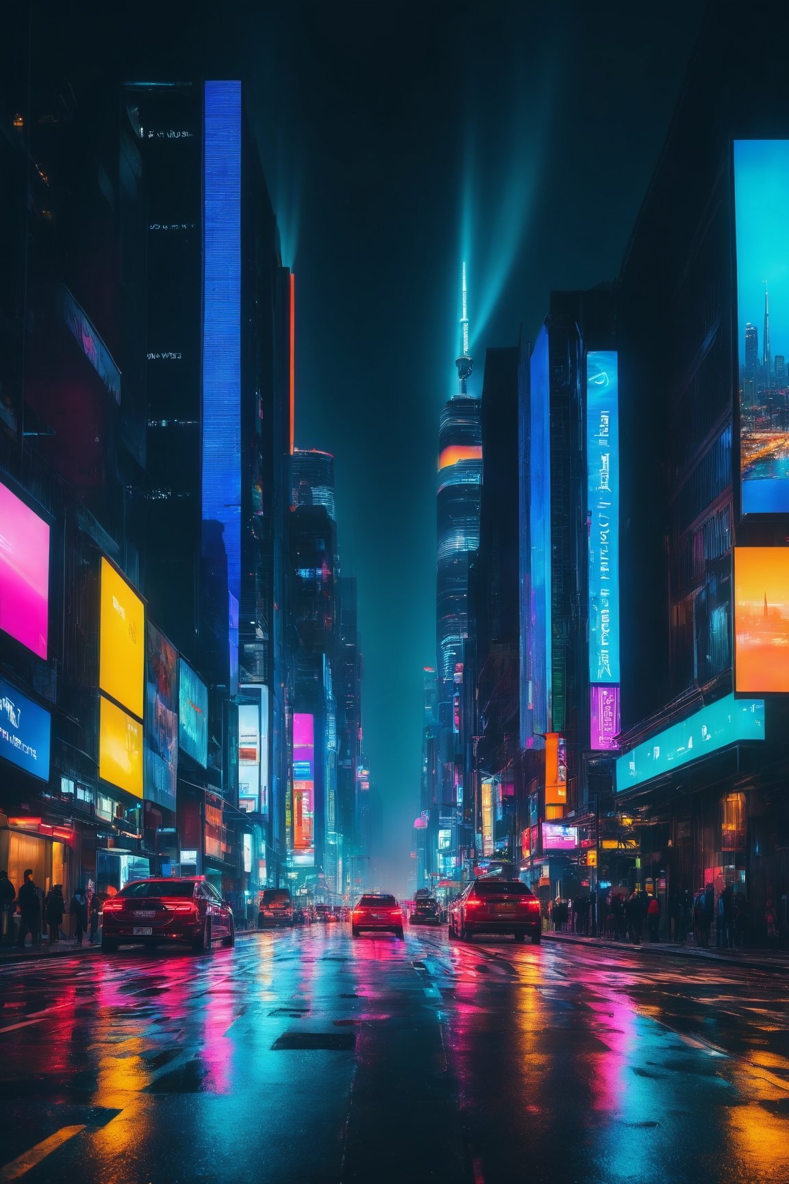 a vibrant cityscape with neon lights and a cinematic atmosphere,(best quality,4k,8k,highres,masterpiece:1.2),ultra-detailed,(realistic,photorealistic,photo-realistic:1.37),HDR,UHD,studio lighting,ultra-fine painting,sharp focus,physically-based rendering,extreme detail description,professional,vivid colors,bokeh,landscape,nighttime,reflective surfaces,glowing signs,bustling streets,people walking,tall skyscrapers,city skyline,traffic lights,light trails,moody atmosphere,contrast of light and shadow,urban energy,modern architecture,an abundance of colors and textures,streets filled with life,ambient sounds,hidden alleyways,steam rising from manholes,the city never sleeps