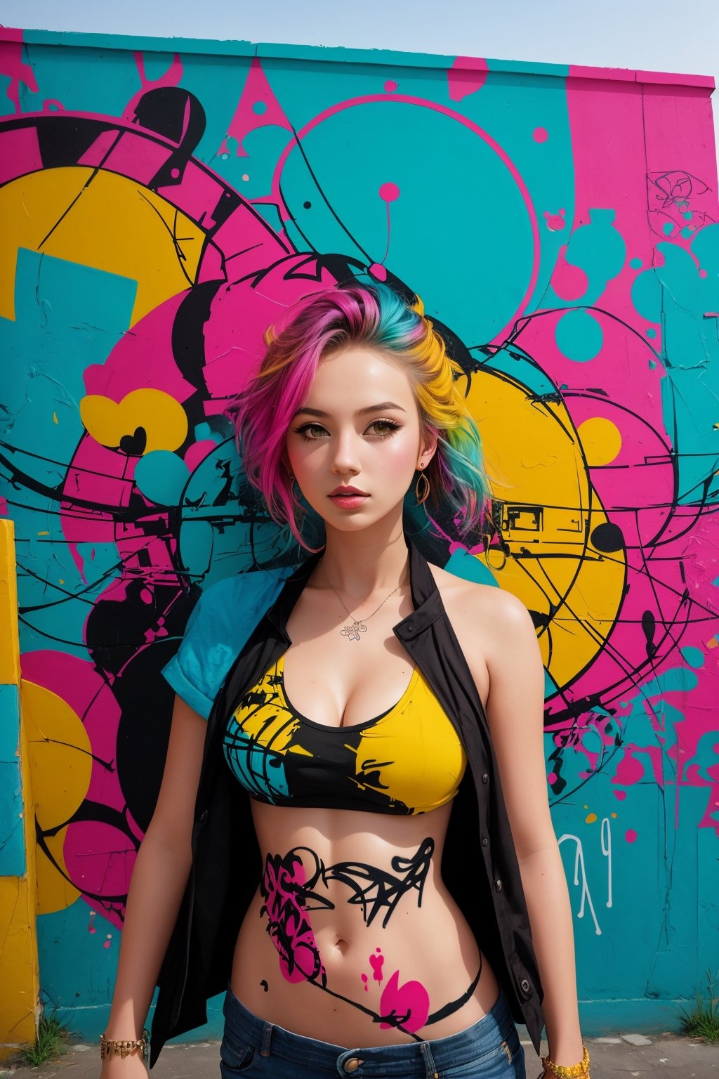 Contemporary street art mural, 1girl, (vibrant graffiti-style wall), A dynamic mix of abstract and figurative elements, brought to life with a bold and captivating color palette.