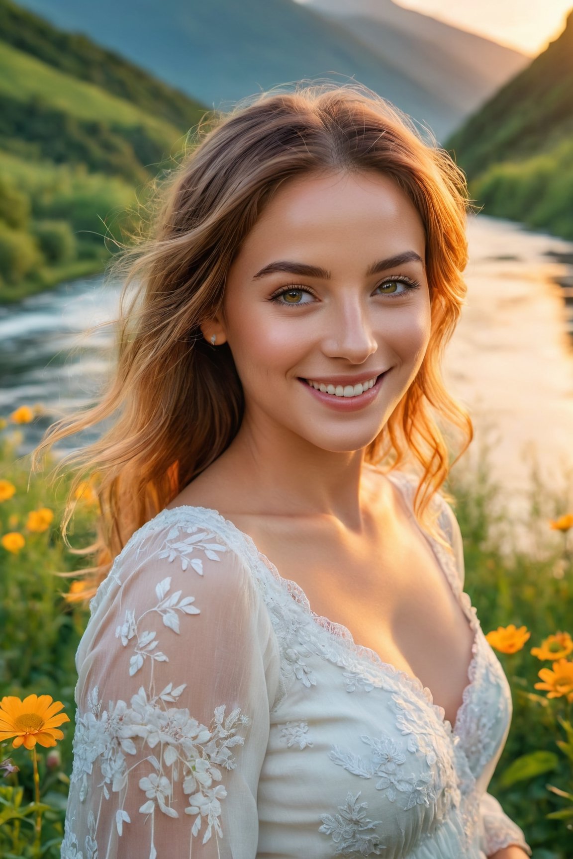 (best quality,8k,highres,masterpiece:1.2),photorealistic,ultra-detailed,vibrant photography of a woman in nature, cute smile,dramatic lighting,finely detailed beautiful eyes,fine detailed skin,Natural scenery,majestic landscape,colorful flowers,distant mountains,flowing rivers,melting sunset,serene atmosphere,dazzling sunlight,blissful vibes,freckled face,luscious greenery,soft breeze,ethereal beauty