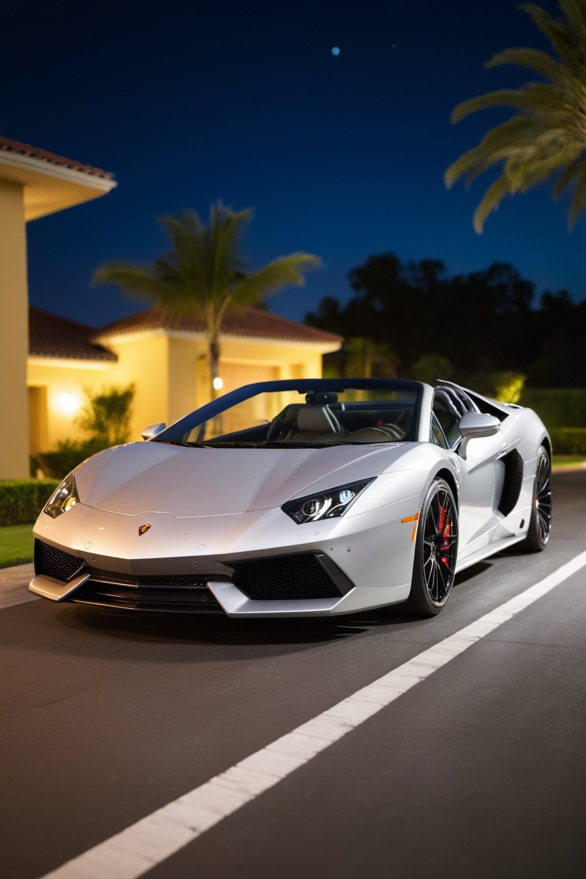 luxury exotic sports car night photography casino driveway 200mm zoom lens f/1.4 (masterpiece:1.2) (photorealistic:1.2) (bokeh) (best quality) (detailed skin:1.3) (intricate details) (8k) (HDR) (analog film) (canon d5) (cinematic lighting) (sharp focus)