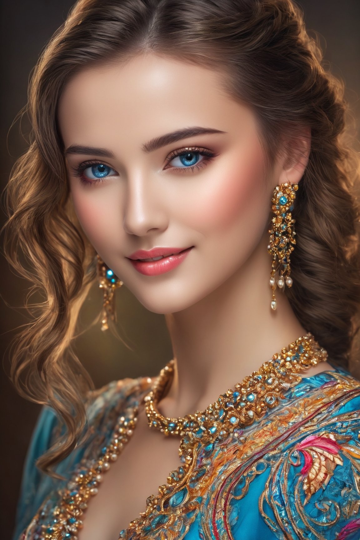 (best quality,highres:1.2),beautiful detailed eyes,beautiful detailed lips,extremely detailed eyes and face,longeyelashes,feminine facial features,cute and charming smile,fashionable hairstyle and makeup,lovely and elegant posture,gorgeous dress with intricate patterns,artistic background with vibrant colors,soft studio lighting,bluish color tone,ultra-detailed and realistic,photorealistic portrait of a beautiful woman with a cute smile and a captivating gaze,perfectly capturing her grace and charm,fancy cyborg robot elements seamlessly integrated into the portrait,enhancing the futuristic and technological vibe,showcasing the harmonious blend of human and machine,creating a unique and visually stunning artwork.