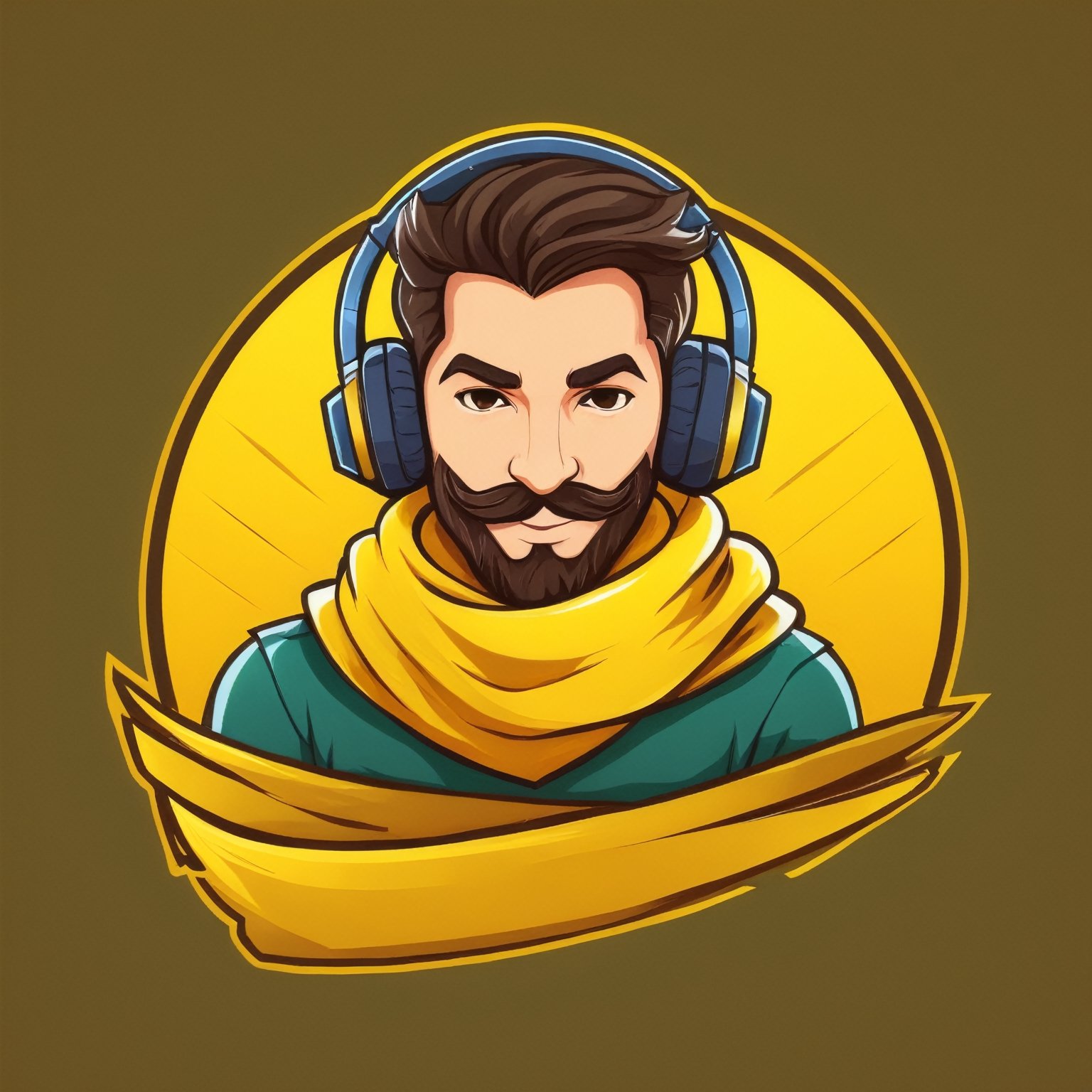 (best quality, 4k, 8k, highres, masterpiece:1.2), ultra-detailed,Gaming logo design,illustration, a cartoon character with headphones and a yellow scarf