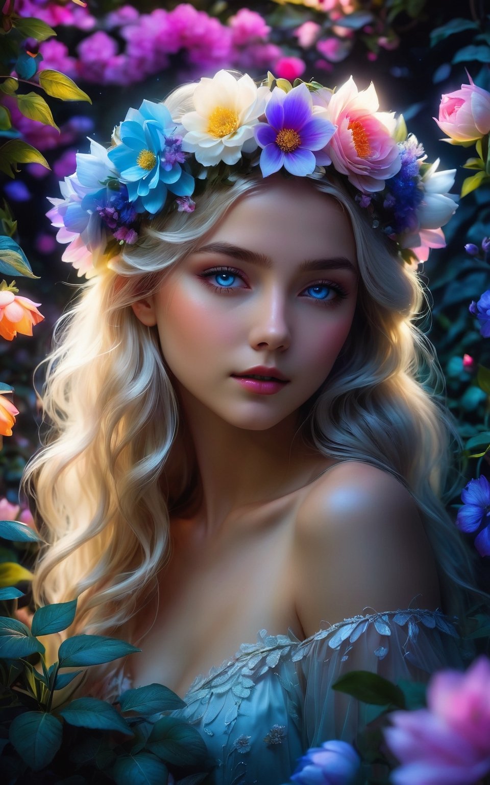 (best quality,8K,highres,masterpiece), ultra-detailed, (girl with flower crown in moonlight garden), a girl adorned with a flower crown, her beautiful icy blue eyes shimmering in the moonlight. She stands amidst moonlit gardens, surrounded by dark shadows and vibrant blooms. The scene is illuminated by glowing flowers and bioluminescent plants, casting a soft, ethereal glow that contrasts with the dark background. The high contrast between the bright colors of the flowers and the darkness of the night garden creates a mesmerizing visual effect. Feel free to add your own creative touches to enhance the enchanting beauty and magical atmosphere of this moonlit garden scene.