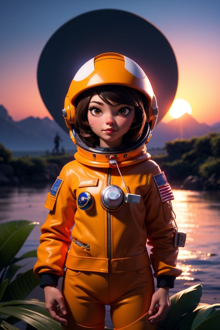 An astronaut in an orange astronaut outfit, standing against a sunset background. The astronaut is positioned front facing and is shown from the waist up. The sunset provides a warm and vibrant color palette. The scene is surrounded by lush plants, adding a touch of nature to the composition. The image quality is top-notch and high-resolution, with ultra-detailed features. The style of the artwork is realistic, with vivid colors and professional craftsmanship. The lighting accentuates the astronaut's figure, creating a captivating atmosphere