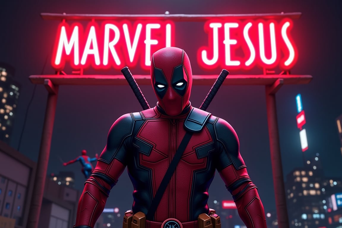 "Deadpool stands in front of a glowing neon sign that says 'MARVEL JESUS' in bold letters. He's striking a funny pose with his katanas on his back, The background is a simple, dark cityscape with a few subtle Marvel characters in the distance, like Spider-Man swinging by. The whole poster has a bright, colorful, comic-book style. Tagline at the bottom: 'Coming Soon.'"