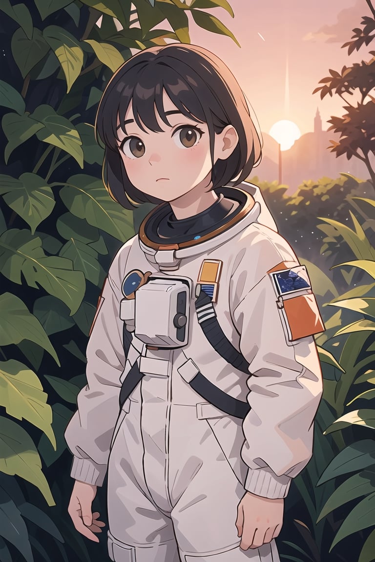 An astronaut in an orange astronaut outfit, standing against a sunset background. The astronaut is positioned front facing and is shown from the waist up. The sunset provides a warm and vibrant color palette. The scene is surrounded by lush plants, adding a touch of nature to the composition. The image quality is top-notch and high-resolution, with ultra-detailed features. The style of the artwork is realistic, with vivid colors and professional craftsmanship. The lighting accentuates the astronaut's figure, creating a captivating atmosphere