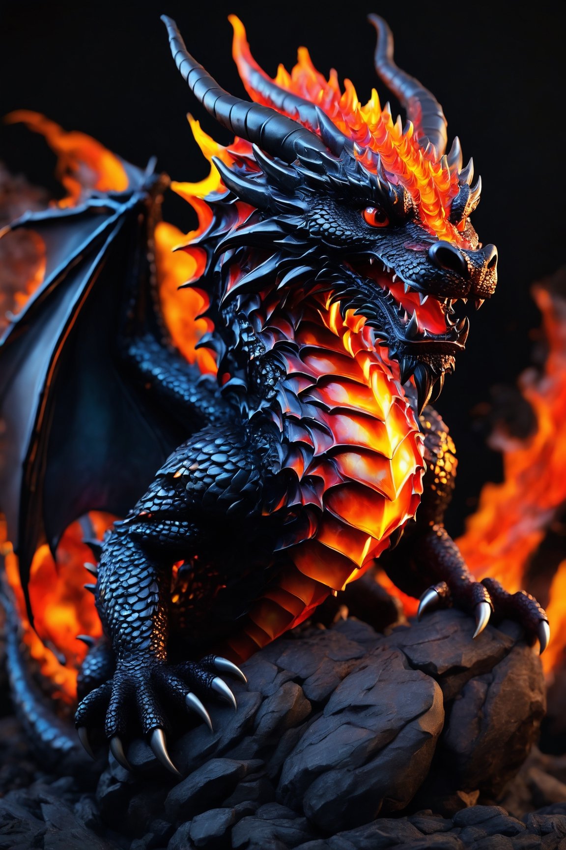 (best quality,8K,highres,masterpiece), ultra-detailed, (super colorful, lava-style dragon) portrayal of a baby dragon crafted from molten lava and fiery hues. This enchanting creature is depicted with a joyful smile, gazing at the viewer with its black eyes. It sits gracefully on a white-hot, simple background that radiates intense heat. The dragon's entire body is composed of flowing lava, featuring intricate details of its tail, wings, and head wings, all ablaze with vibrant, swirling colors reminiscent of molten rock. This unique fusion of elements creates a breathtaking and mesmerizing lava-style dragon, a truly fantastical creature born from the heart of a volcanic eruption.