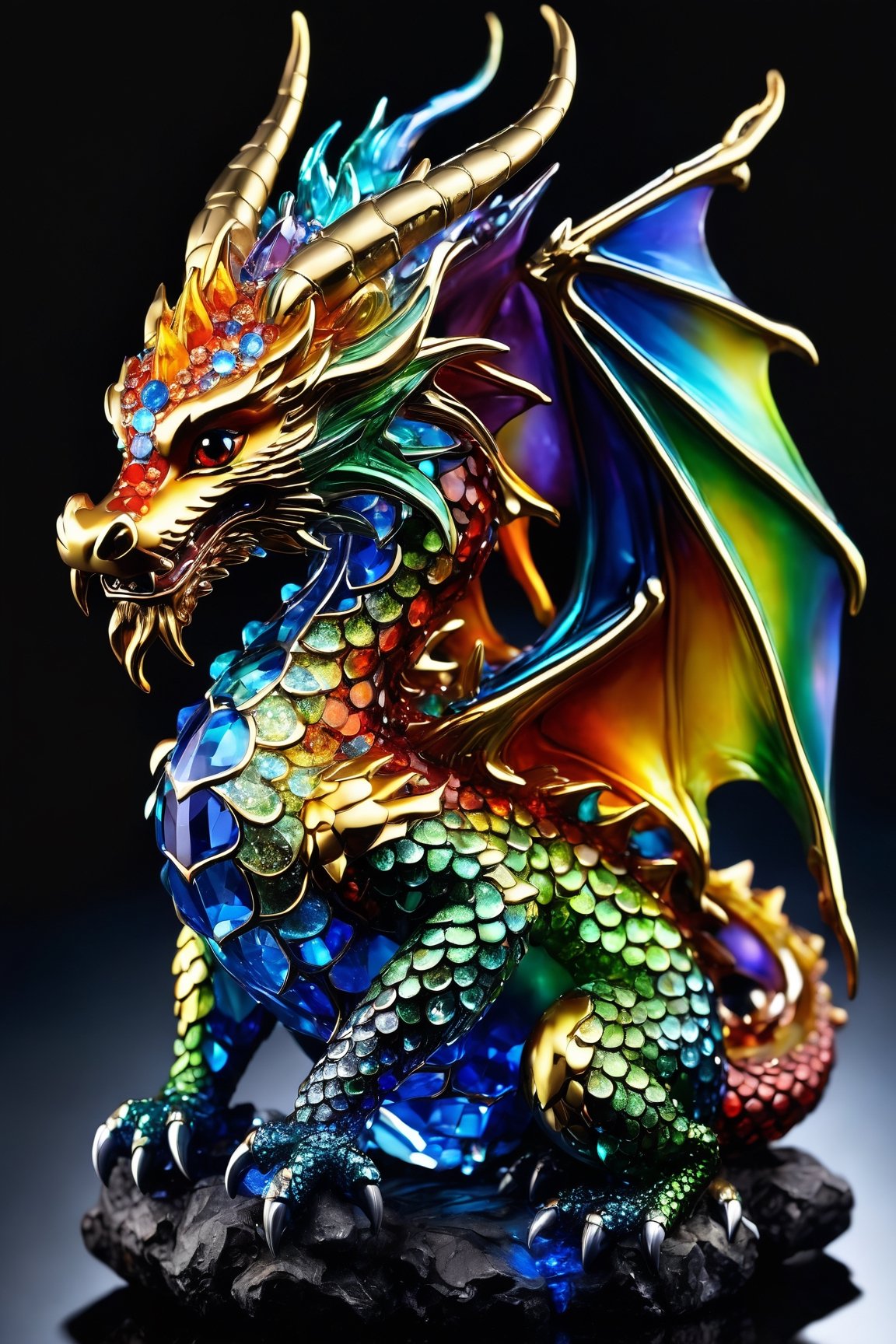 (best quality,8K,highres,masterpiece), ultra-detailed, (super colorful, glass, rhinestone, crystal dragon), featuring a breathtaking baby dragon sculpted entirely from glistening glass, radiant rhinestones, and sparkling crystal elements. This whimsical dragon, with a beaming smile, sits majestically upon a dazzling white background that accentuates its radiant and translucent form. Its tail, full body, and magnificent wings are composed of a vibrant array of prismatic colors, refracting light in a mesmerizing display of brilliance. Its eyes, like black gemstones, add depth and contrast to its ethereal beauty. This dragon, reminiscent of a creature from the world of Pokémon, is a harmonious fusion of materials and colors, creating a stunning masterpiece of art and fantasy.