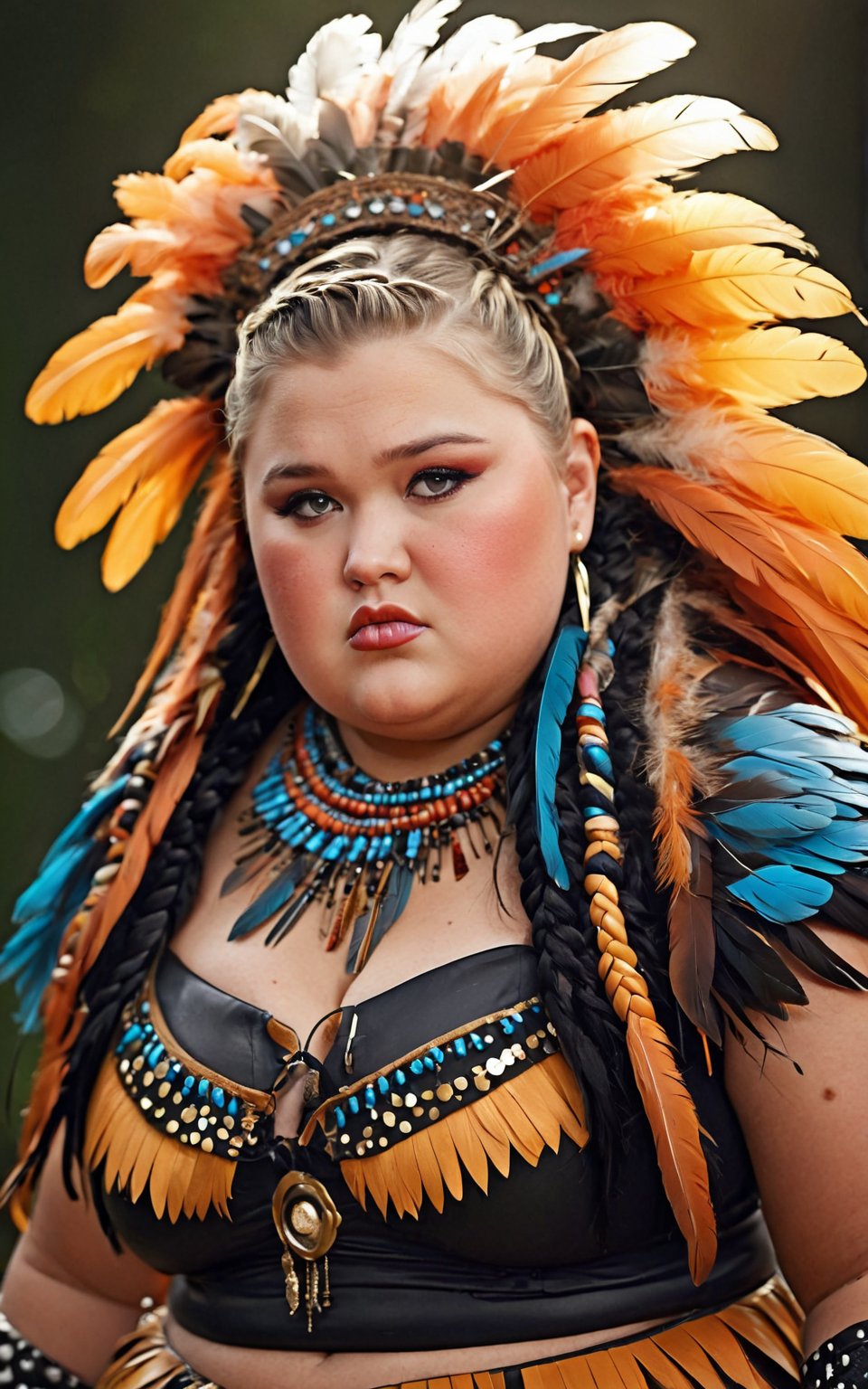 (best quality,8K,highres,masterpiece), ultra-detailed, (girl with an unusual hairstyle made of braids and feathers), a girl with an extraordinary hairstyle composed of intricate braids interwoven with feathers. Her hair is styled with meticulous detail, showcasing the complexity and creativity of the braids and the delicate texture of the feathers. The overall composition highlights her unique and striking appearance, with a focus on the detailed craftsmanship of her hairstyle. The vibrant colors of the feathers add an element of whimsy and elegance, enhancing the overall visual impact of the image.