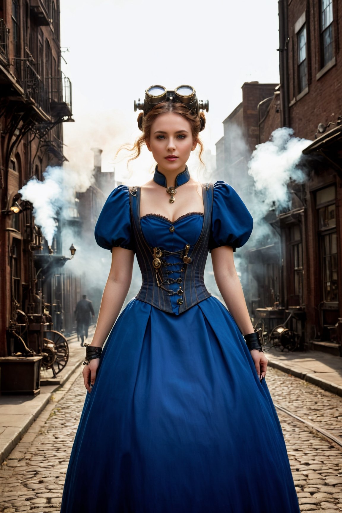 (best quality,4k,8k,highres,masterpiece:1.2),ultra-detailed,(realistic,photorealistic,photo-realistic:1.37),steampunk style,woman,1girl,steampunk accessories with neural connections,blend of organic and mechanical elements,organic meets artificial,mechanical gears,cogs,wires,tubes,industrial revolution aesthetic,worn leather,corsets,top hats,vintage goggles,elaborate hairstyles,puff-sleeve Victorian dresses,mysterious atmosphere,dark and muted color palette,industrial cityscape with towering steam-powered factories,heavy smoke,exhaust fumes,polluted skies,antique metal textures,glimmers of copper and brass,alongside the steel structures,hovering airships with propellers,steam-powered vehicles,pipes snaking along the walls,sparks flying,electric arcs illuminating the scene,resplendent glow of gas lamps,cobblestone streets,steam billowing from manholes,mechanical birds soaring above the city,long shadows cast by tall buildings,mystical energy radiating from the neural connections,blue and green electrical pulses,creaky machinery humming,artificial intelligence blending with the human form,eyes glowing with a hint of mystery,a delicate balance between the past and the future,a fusion of elegance and technology.