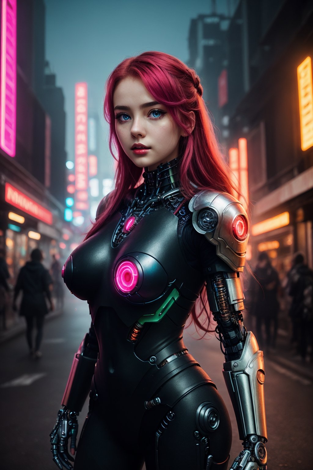 (Vivid neon night, detailed background), (petite cyborg girl, cute face, perky breasts), Amidst the vibrant neon night of a futuristic cyberpunk city, the scene bursts with intricate details. A petite and cute cyborg girl, her face perfect and her anatomy flawless, stands with bright, glowing red eyes. Her absurdly long gradient red and green hair flows in the wind as she dons a detailed ribbed impossible bodysuit, featuring shoulder armor and cybernetic limbs, all captured from a dynamic angle.