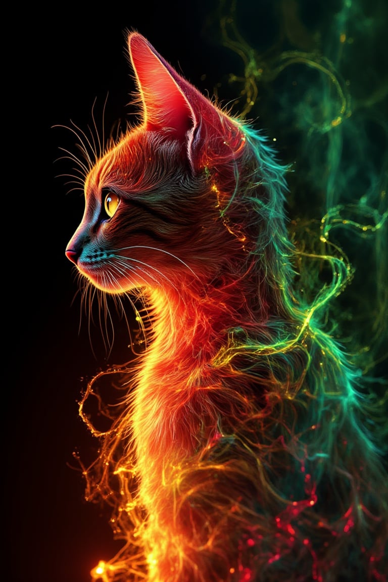 A cat appears bathed in vibrant neon hues of red, green, and yellow, forming an ethereal and electrifying glow around its figure. Its fur is intricately detailed with fine, wavy lines, and its luminous eyes shine brightly, exuding a piercing intensity. The background is a deep, dark contrast, allowing the swirling, colorful light trails to stand out vividly, creating a mesmerizing, almost otherworldly effect.