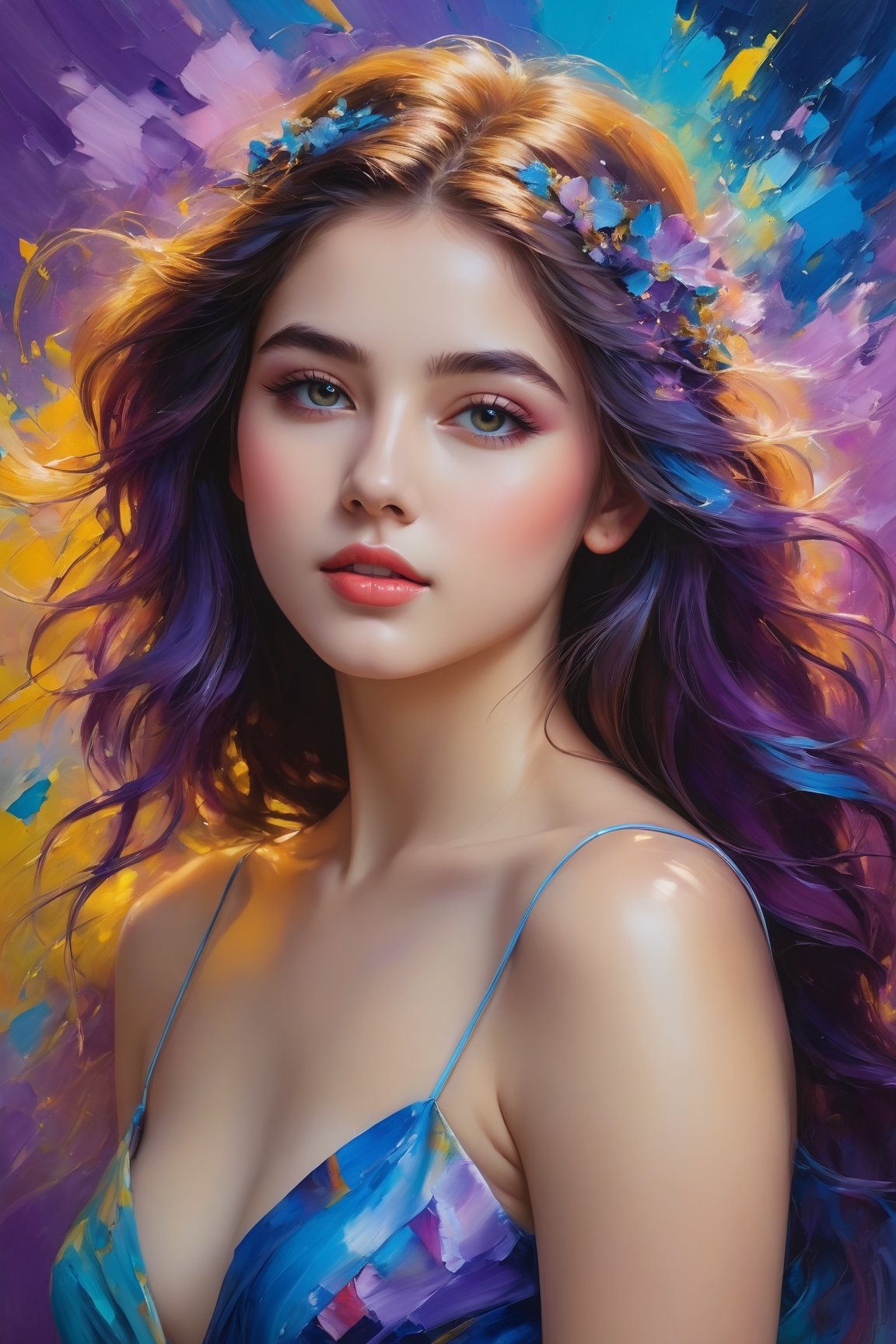 An enchanting 8K oil painting masterpiece, (A vibrant and youthful woman, 18 years old, her hair artfully tousled:1.3), Exquisitely portraying her perfect face with soft, flawless skin, adorned with a delightful blend of blue, yellow, light purple, and violet hues, accentuated with hints of light red, (An intricate celebration of beauty:1.3), Every detail meticulously crafted in a mesmerizing display of colors, resembling a stunning splash screen, (An 8K resolution masterpiece that captivates the eye:1.3), A cute face brought to life in the realm of art, destined to grace ArtStation's digital painting hall of fame, (A smooth and artistic portrayal that defies convention:1.3)