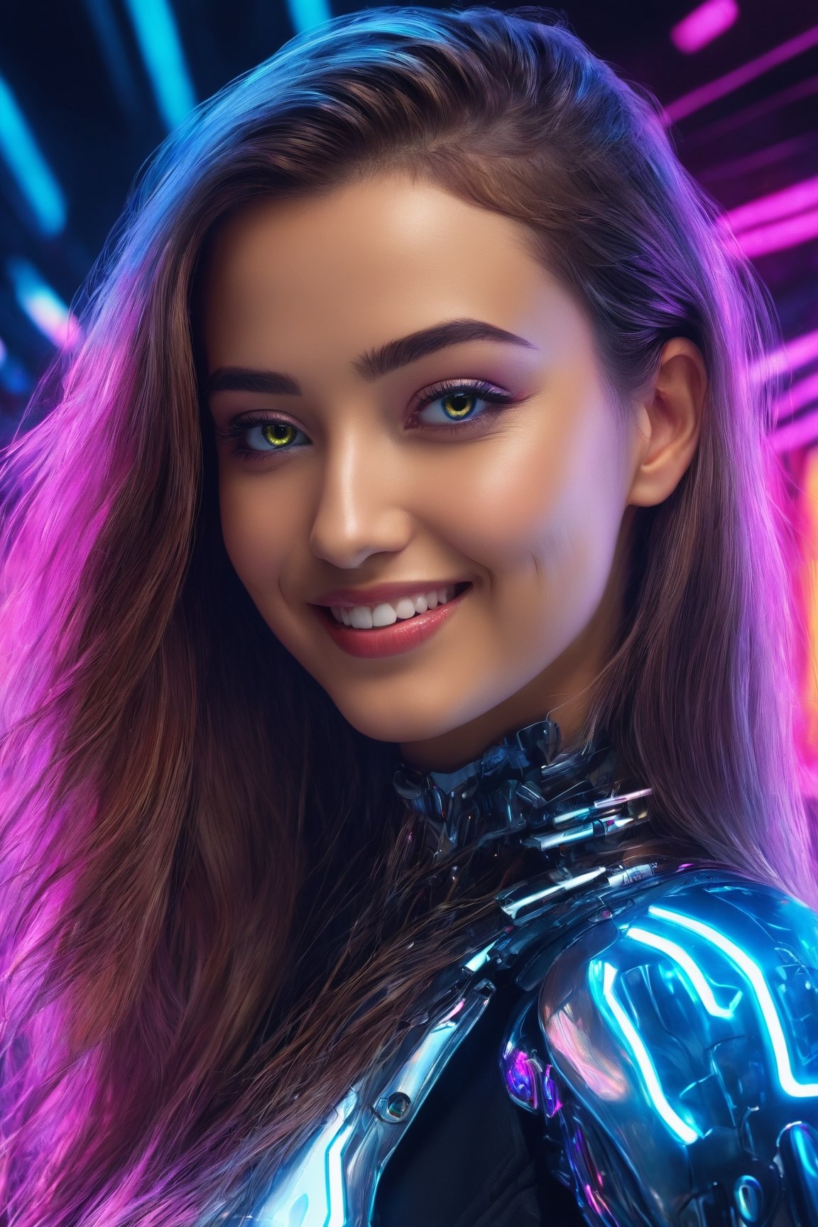 (best quality,4k,8k,highres,masterpiece:1.2),ultra-detailed,(realistic,photorealistic,photo-realistic:1.37), woman, beautiful, cute smile, fancy, cyborg, robot, portrait, metallic skin, glowing eyes, flowing hair, sleek design, futuristic fashion, vibrant colors, neon lights, surrealistic background