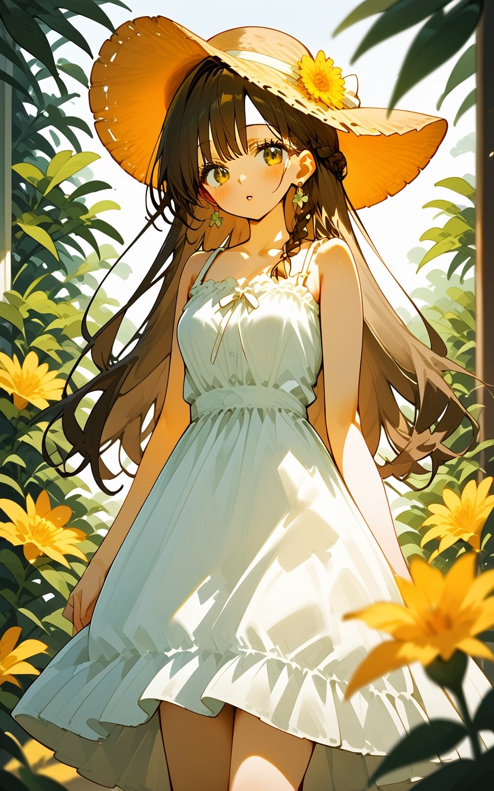 score_9,score_8_up,score_7_up,
1girl,long hair,looking at viewer,blush,bangs,brown hair,hat,dress,bare shoulders,jewelry,standing,collarbone,braid,flower,cowboy shot,earrings,small breasts,outdoors,parted lips,sleeveless,white dress,bare arms,sleeveless dress,plant,sun hat,straw hat,sundress