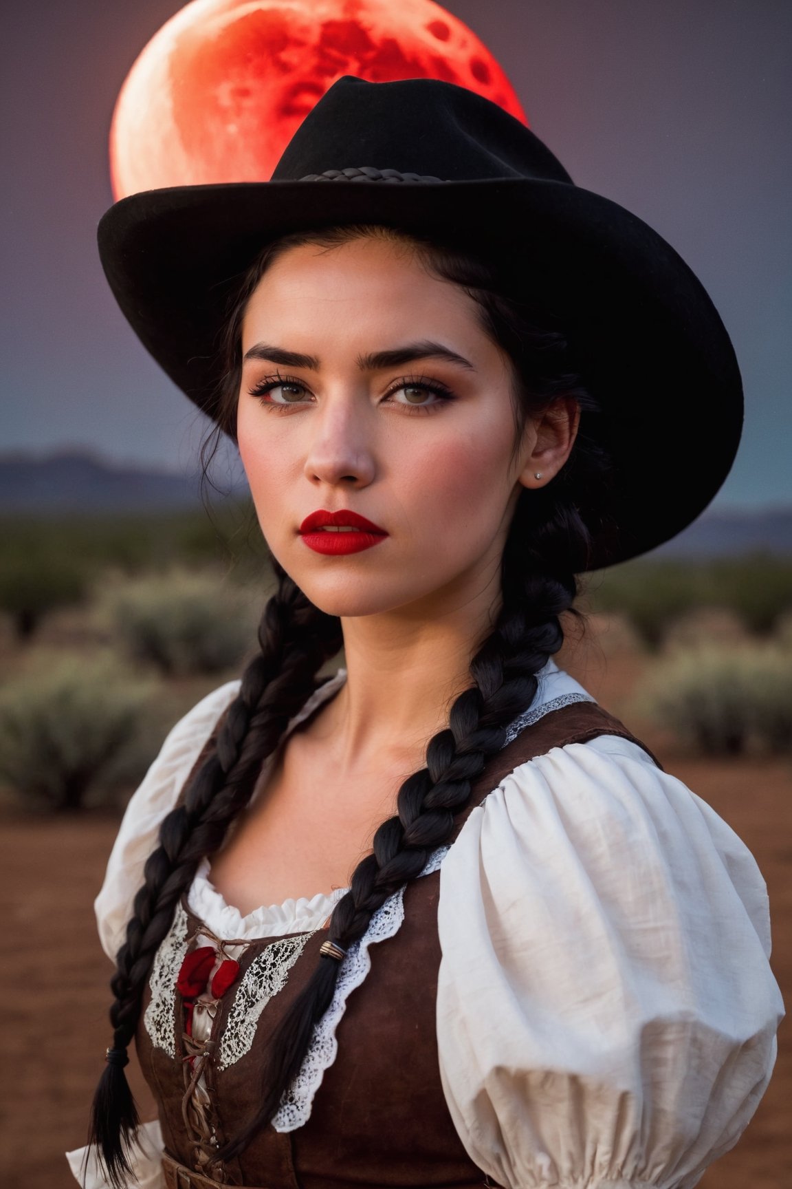 (23-year-old woman), (determined face), (red lips), (black hair braided to the side), (period clothes), (cowboy hat), (blood moon in the background).