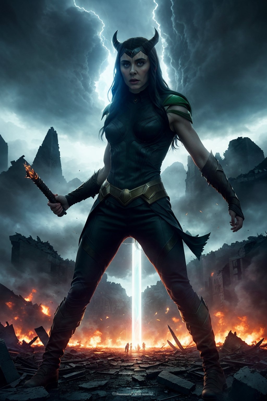 A breathtaking 4K ultra-realistic artwork, (Hela Asgard in a state of uncontrollable rage:1.3), Enveloped in a blazing green aura that crackles with power, Engages in a fierce and epic clash against a formidable adversary within the depths of a dark abyss, (The backdrop of Asgard city in ruins, engulfed in chaos and destruction:1.3), An astonishing portrayal of the battle between light and darkness, where every detail is rendered with unparalleled realism.