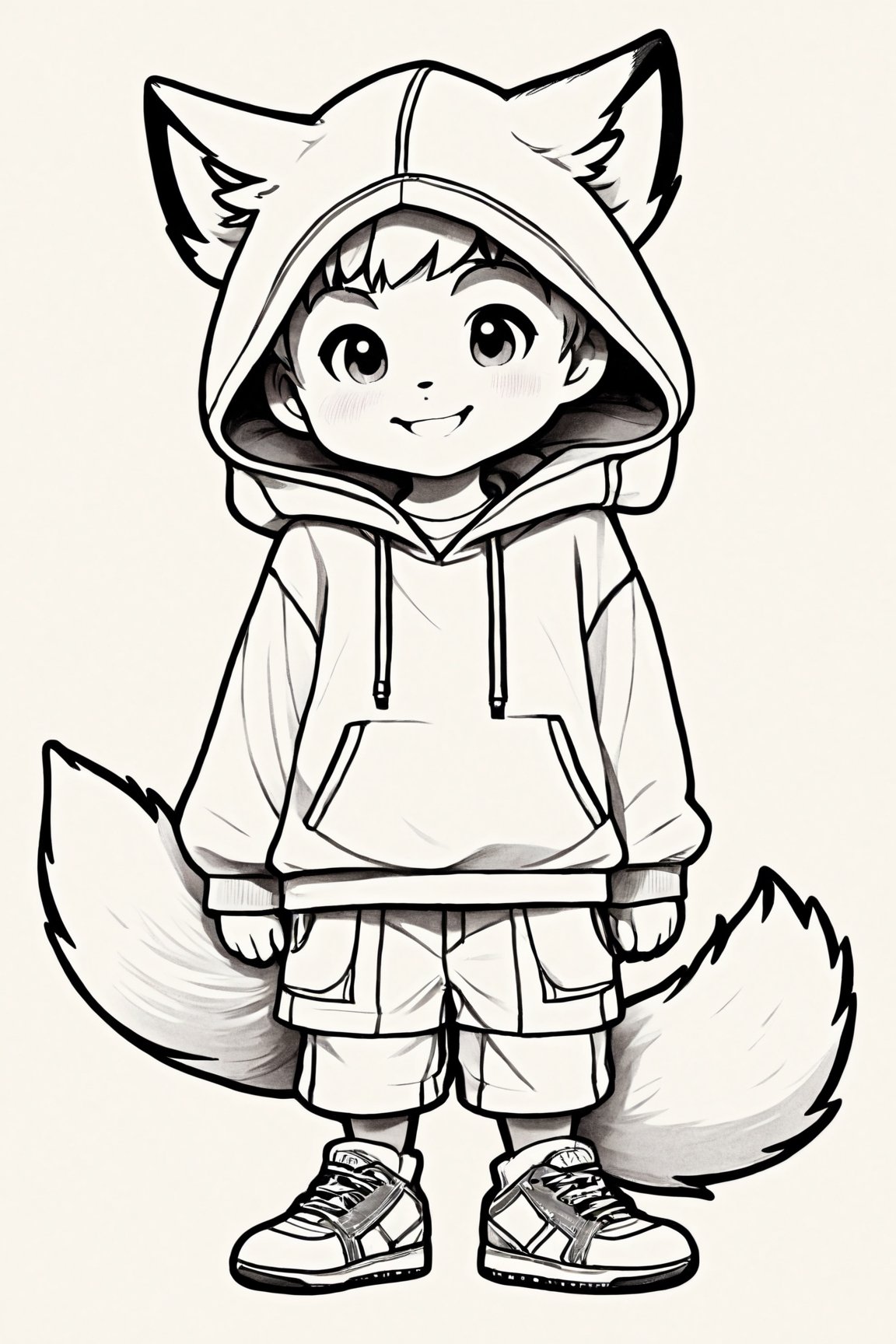 Manga style illustration, line art, pencil art, solo,looking at viewer,blush,smile,short hair,simple background,long sleeves,1boy,white background,animal ears,tail,monochrome,full body,male focus,shoes,shorts,hood,animal ear fluff,sleeves past wrists,fox ears,hoodie,:3,fox tail,sneakers,fox boy