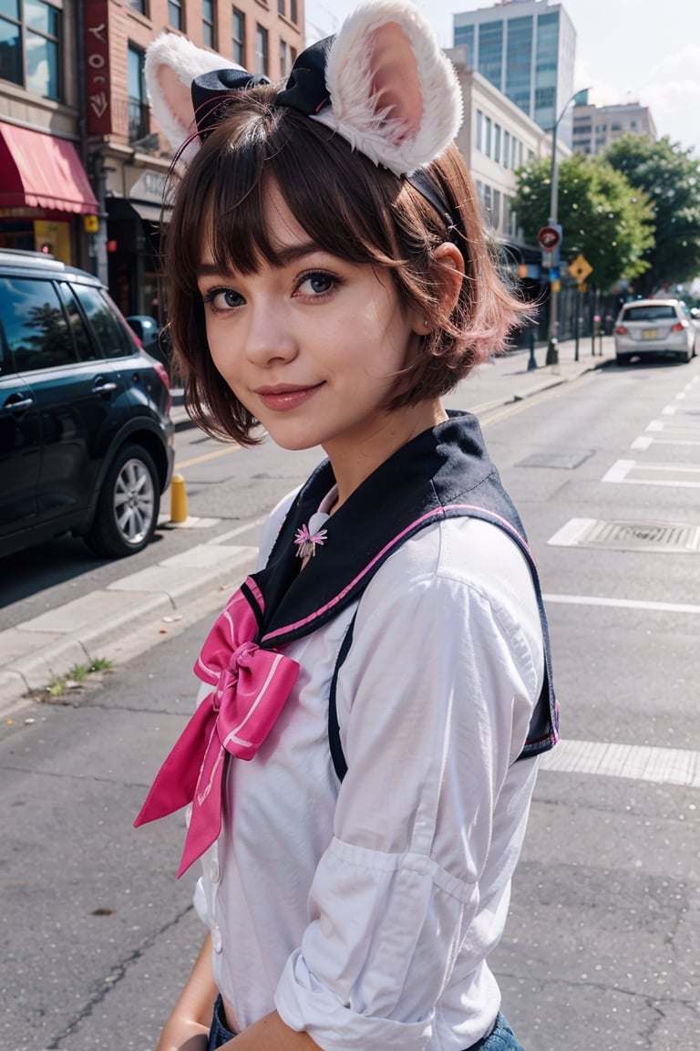 skistyle, 1girl, solo, cute smile, pink hair, animal ears, blue eyes, wings, looking at viewer, bangs, short hair, bow, sailor collar, white sailor collar, hair bow, pink bow, closed mouth, shirt, white shirt, bear ears, bob cut, mini wings, portrait, detached wings, makeup, upper body, city in background