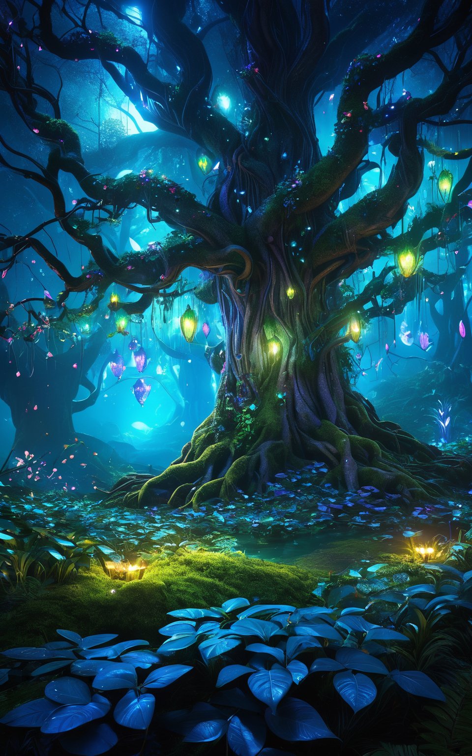 (best quality,8K,highres,masterpiece), ultra-detailed, (enchanted forest with glowing flora), an enchanted forest where the flora emits a gentle, magical glow. The scene is filled with towering ancient trees, their branches intertwined and leaves shimmering with bioluminescent light. Various fantastical creatures, such as fairies and glowing insects, inhabit the forest, creating a mesmerizing and otherworldly ambiance. The overall composition is serene and enchanting, inviting viewers to explore the mystical landscape.