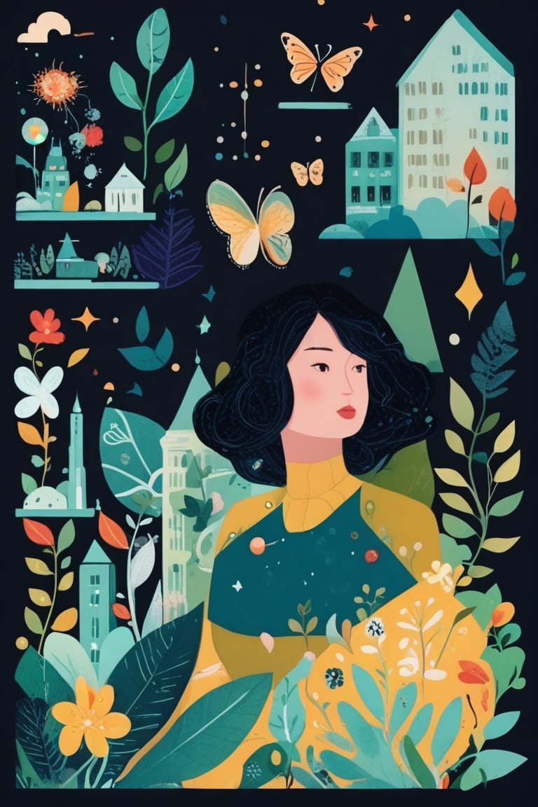 an animated picture. In this picture we can see a woman, flowers, leaves, butterflies, buildings, trees and some objects. In the background of the image it is dark.