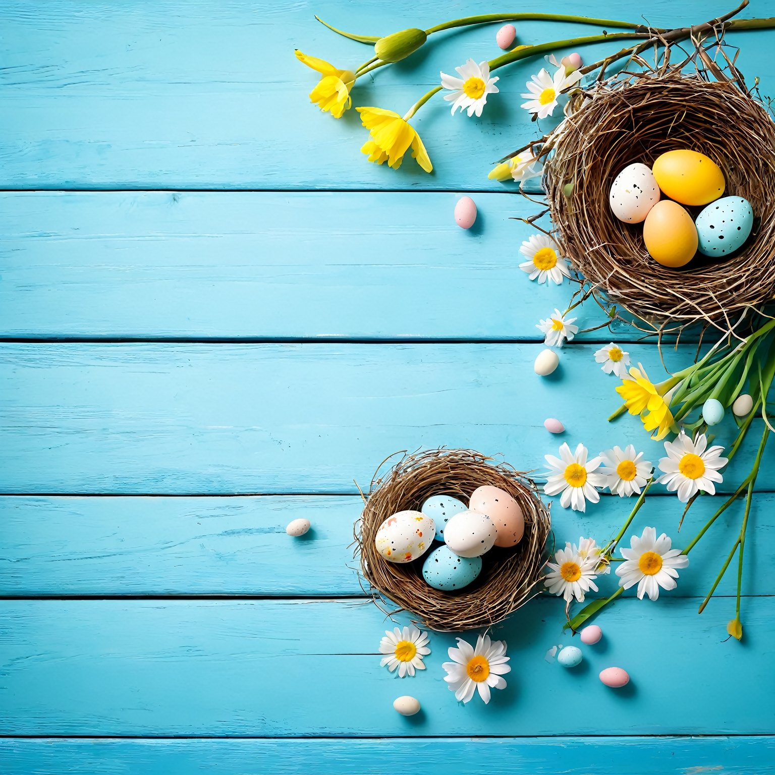 AiArtV,Happy Easter,colorful,easter theme,background, a nest with eggs and flowers on a blue wooden table