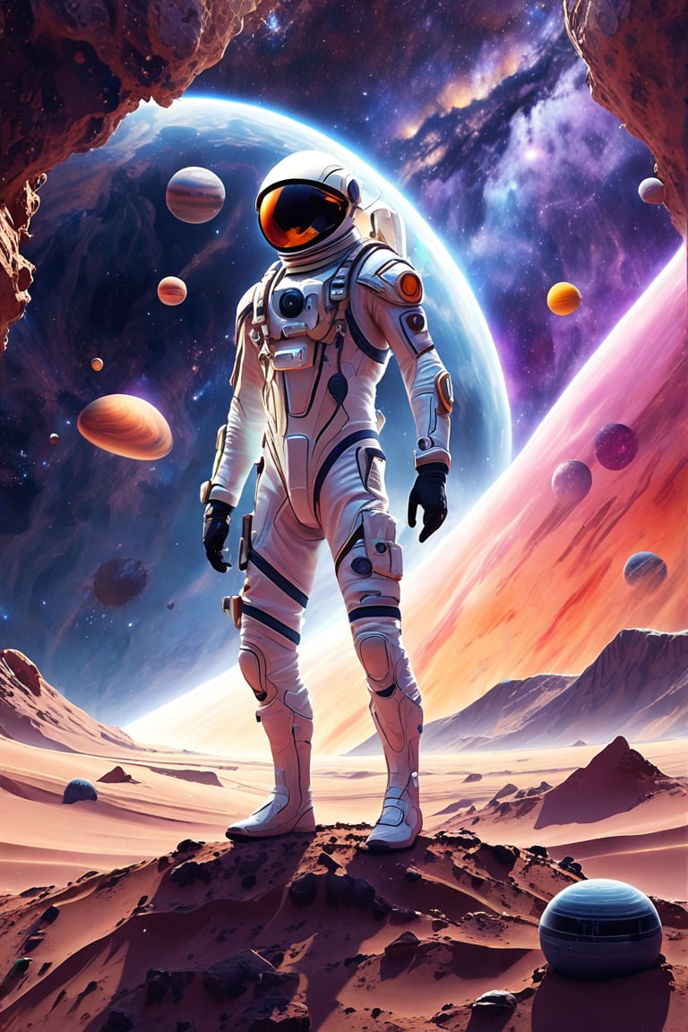 an artist's depiction of a man standing on the surface of an alien planet with planets and other objects in the background,outer space