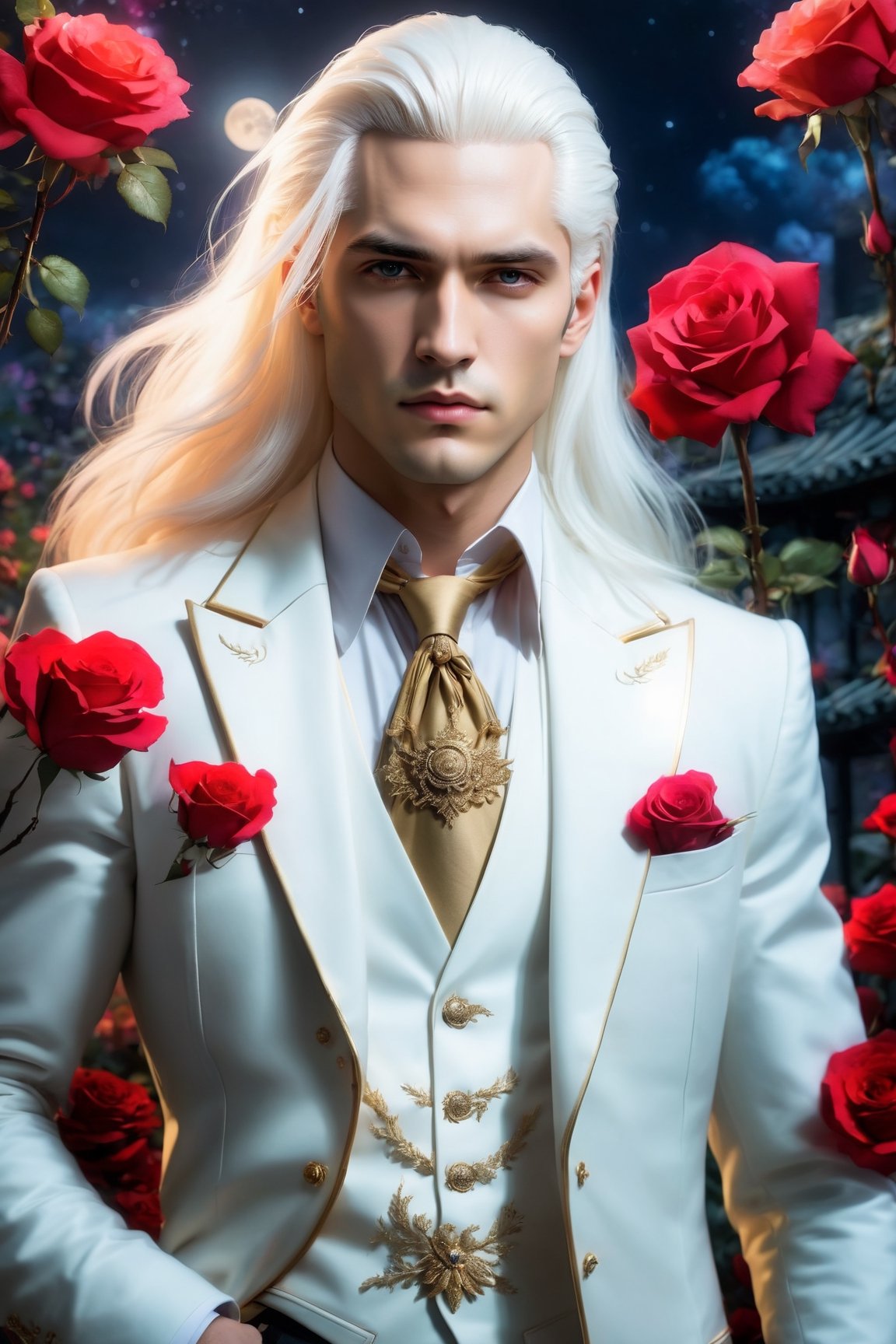 masterpiece, highest quality, (solo focus), (perfect face:1.1), (high detail:1.1), (hyper detailed eyes), dramatic, a guy with pale skin and long voluminous white hair, white eyes, solo, long hair, Sephiroth, moon, night, white luxury suit, covered navel, pouty lips, fur, arrogant expression, Rose Garden, detailed background, art by artgerm, cinematic lighting, roses, fashion, BalenciagaStyle