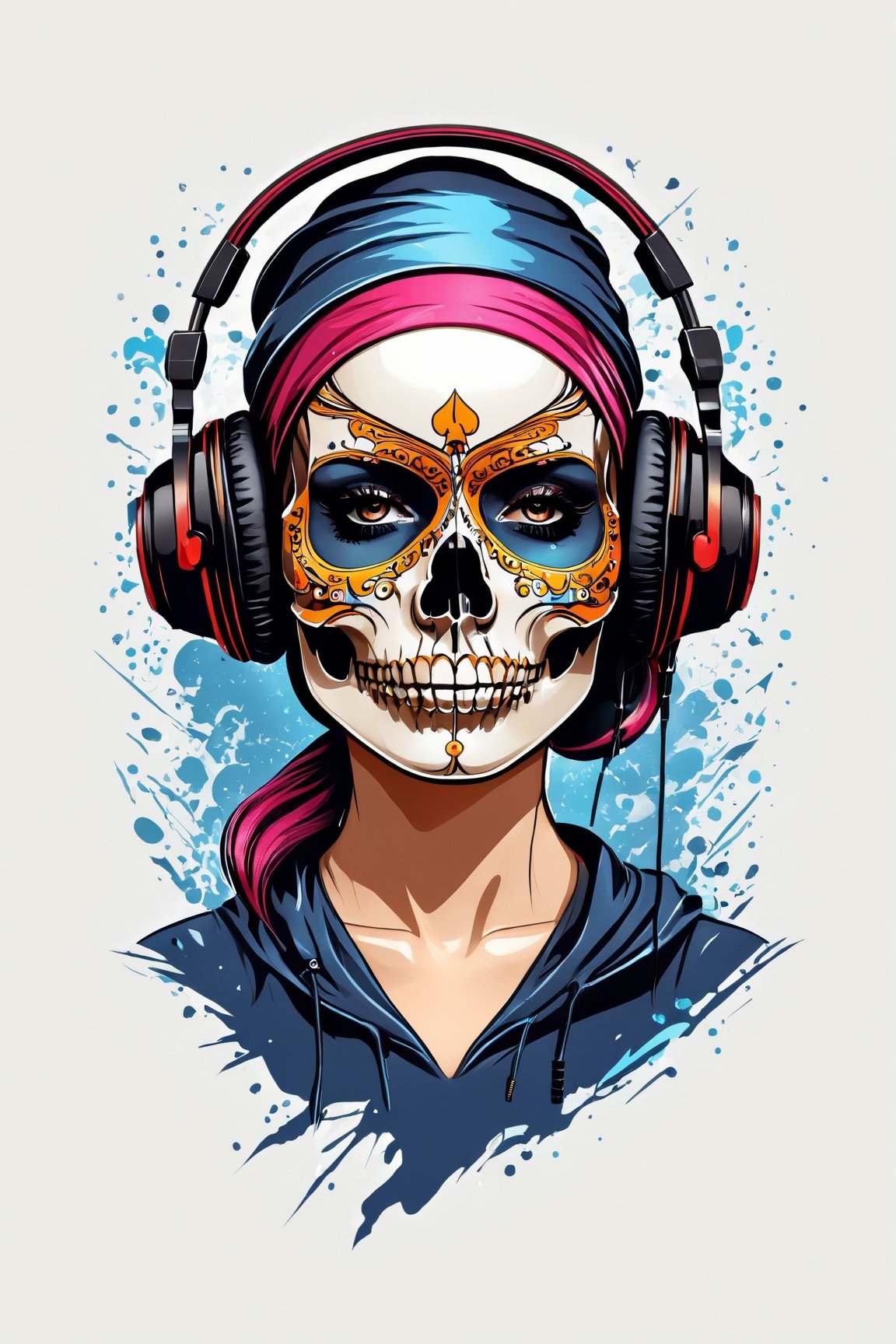 (best quality, 4k, 8k, highres, masterpiece:1.2), ultra-detailed,T-shirt design,illustration, a woman with a skull makeup and headphones on her head is wearing a cap,vector illustration,white background