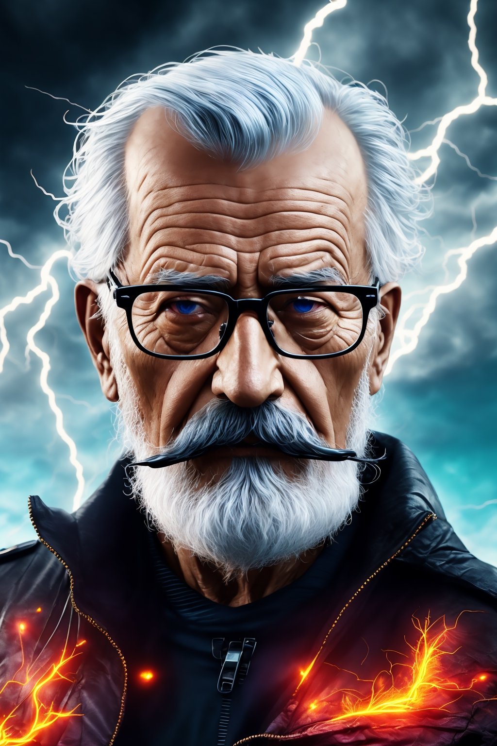  lightning strikes, abstract, high quality, UHD, Luminous Studio graphics engine, violet, cyan, octane render, cloudy haze, fiery members, old man Carl Gustav Jung with glasses and mustache portrait