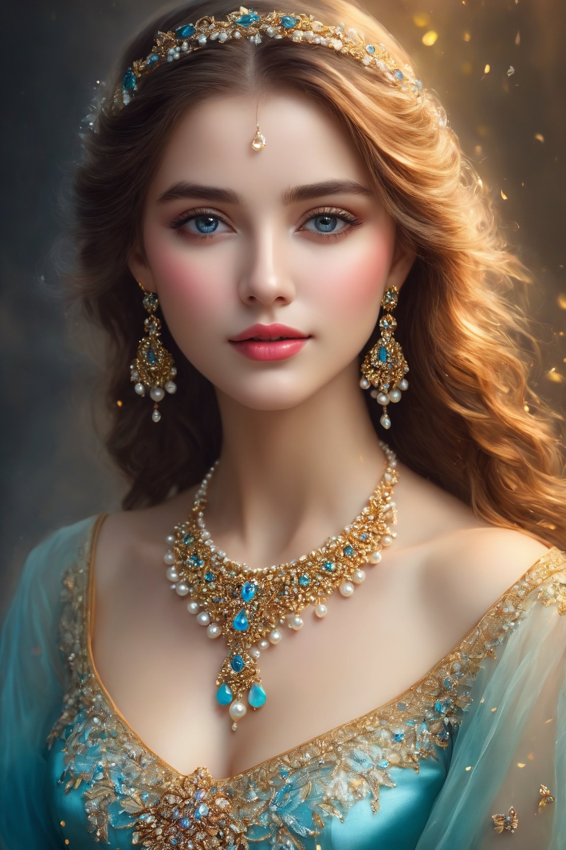 (best quality,4k,8k,highres,masterpiece:1.2),ultra-detailed,realistic,portrait,female,beautiful detailed eyes,beautiful detailed lips,cute smile,fancy style,medium:oil painting,soft brush strokes,vibrant colors,delicate features,graceful pose,flowing hair,gorgeous dress,sparkling jewelry,subtle shading,ethereal atmosphere,gentle lighting,magical ambiance,harmonious color palette,sublime beauty