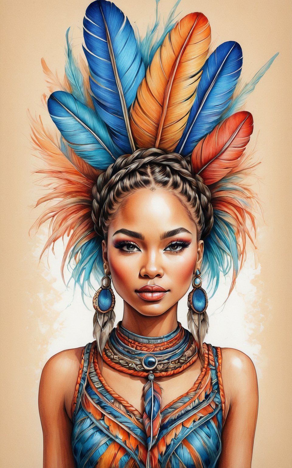 (best quality,8K,highres,masterpiece), ultra-detailed, (girl with an unusual hairstyle made of braids and feathers), a girl with an extraordinary hairstyle composed of intricate braids interwoven with feathers. Her hair is styled with meticulous detail, showcasing the complexity and creativity of the braids and the delicate texture of the feathers. The overall composition highlights her unique and striking appearance, with a focus on the detailed craftsmanship of her hairstyle. The vibrant colors of the feathers add an element of whimsy and elegance, enhancing the overall visual impact of the image.
