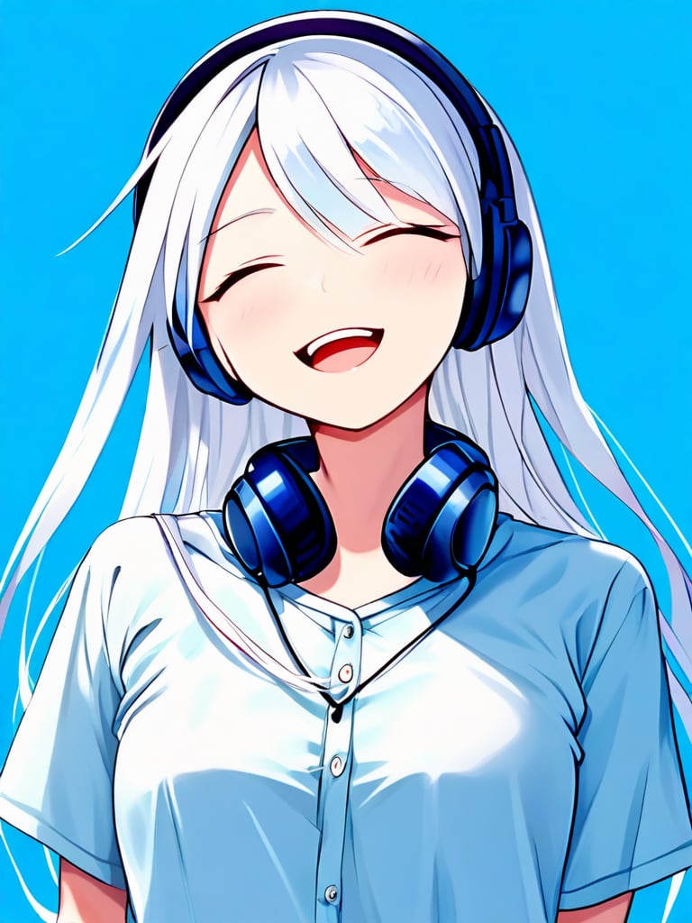 1girl, solo, long hair, smile, shirt, closed mouth, closed eyes, white hair, blue background, headphones, headphones around neck
